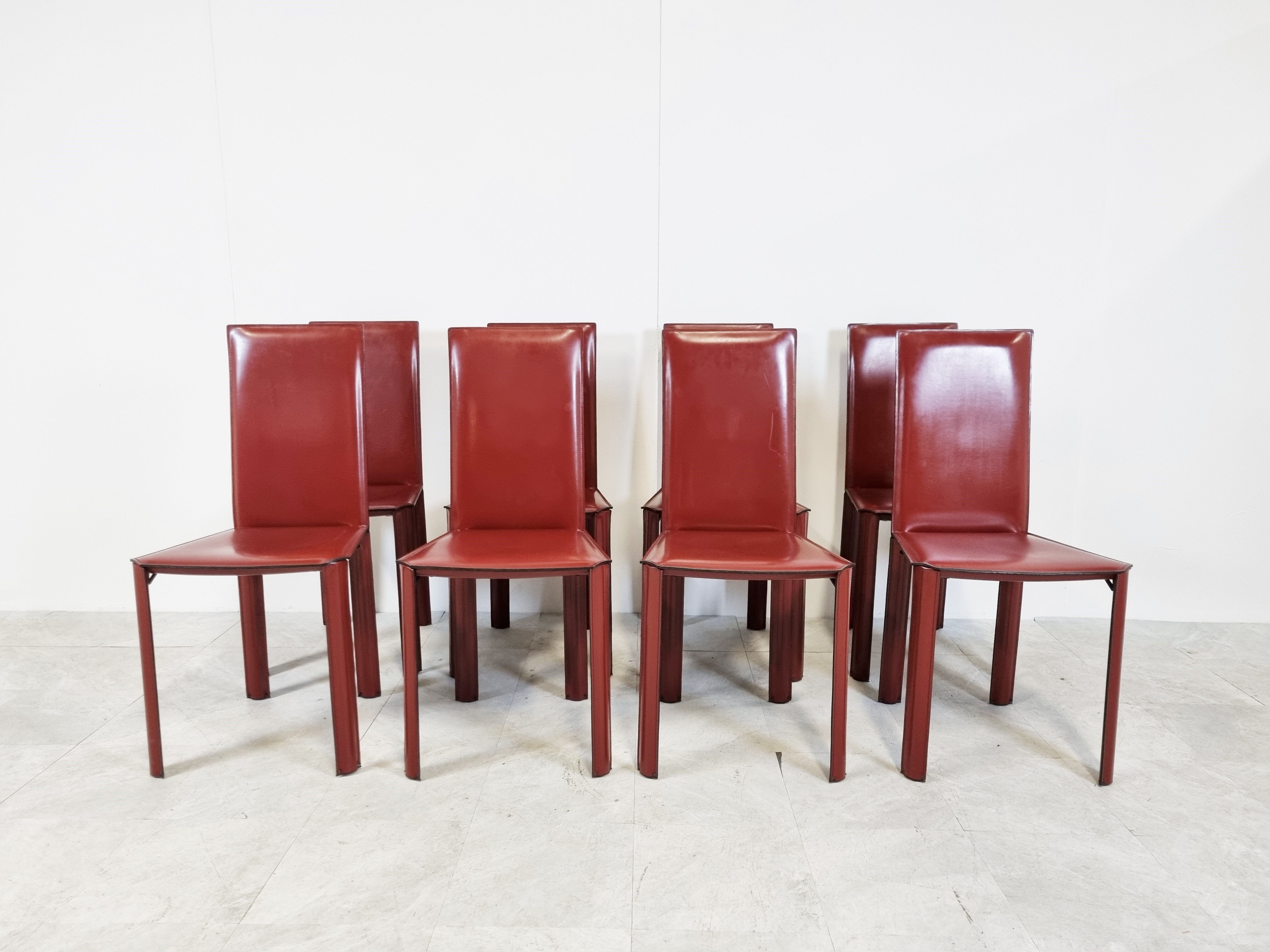 Red leather dining chairs by De Couro Brazil, 1980s - set of 8