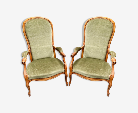 Fauteuils Voltaire en velours vert, la paire