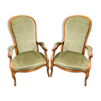 Voltaire armchairs in green velvet, the pair