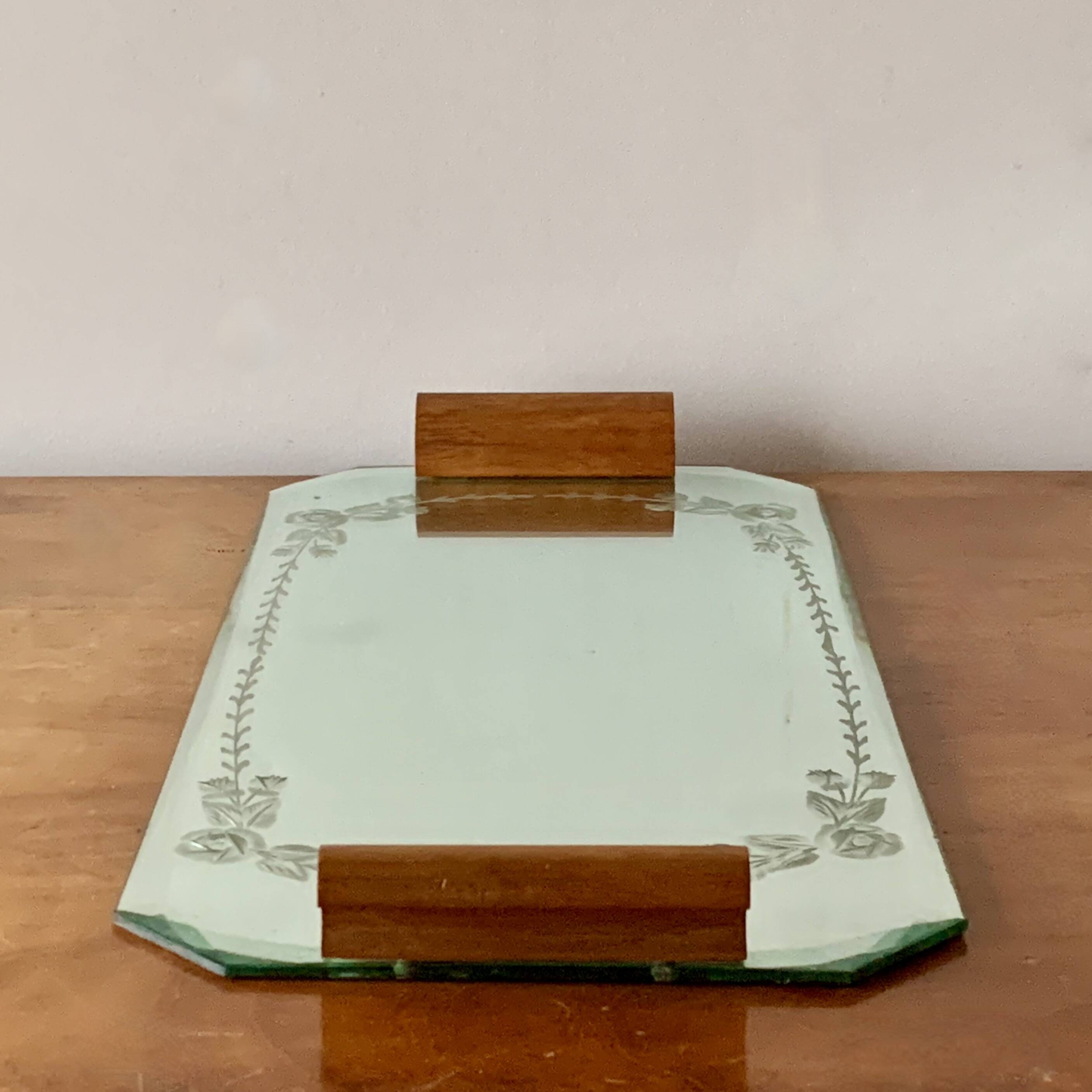 Art Deco mirrored tray with wooden handles