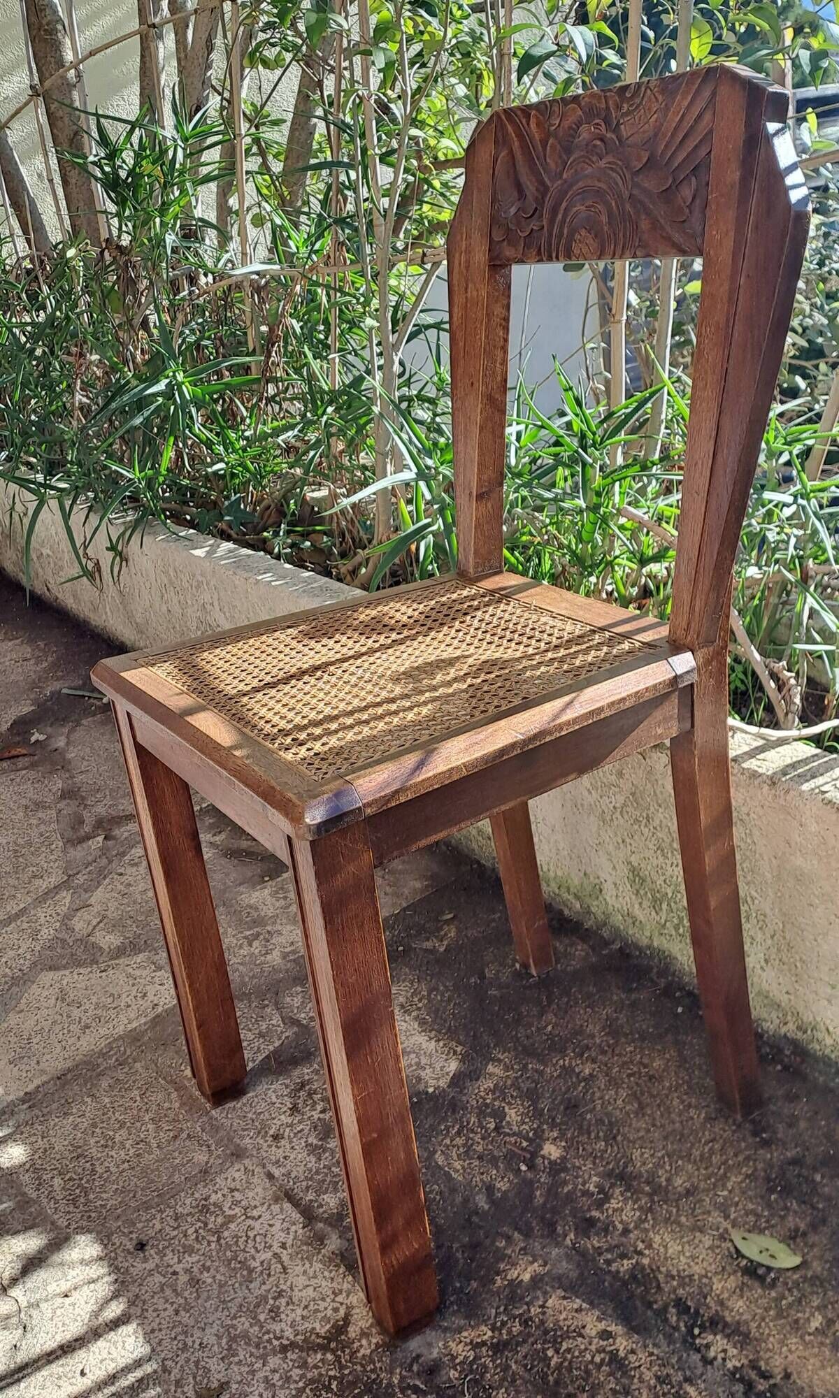 Art deco style chairs carved varnished wood honey brown color 1940