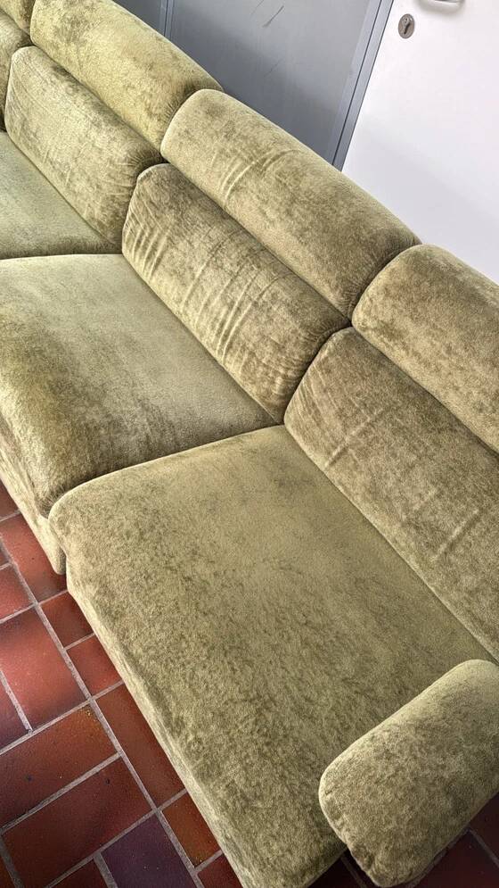 Canapé modulable vintage en velours vert avec fauteuil assorti et pouf