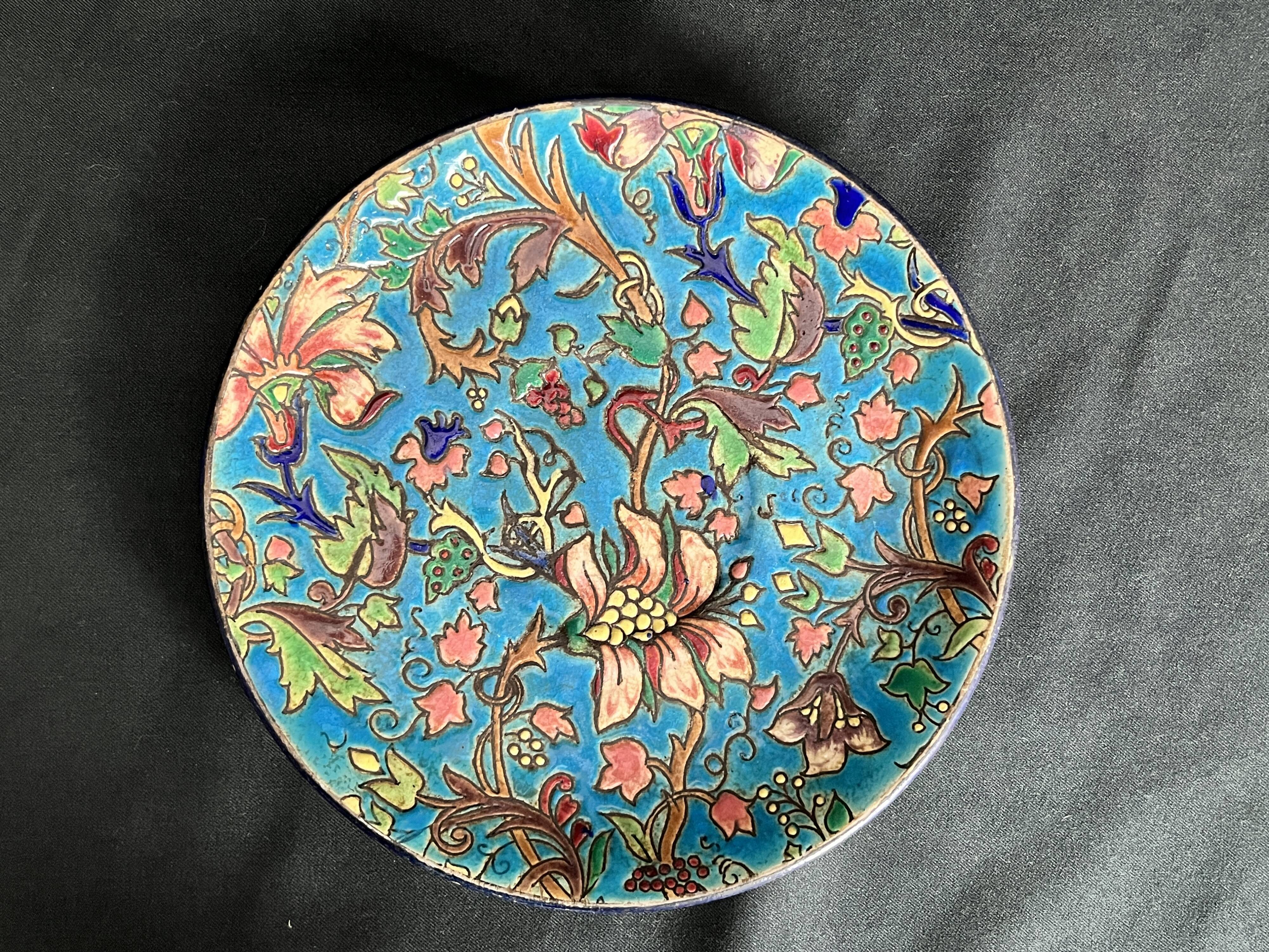 Longwy, small enamel plate with floral decoration, 19th century