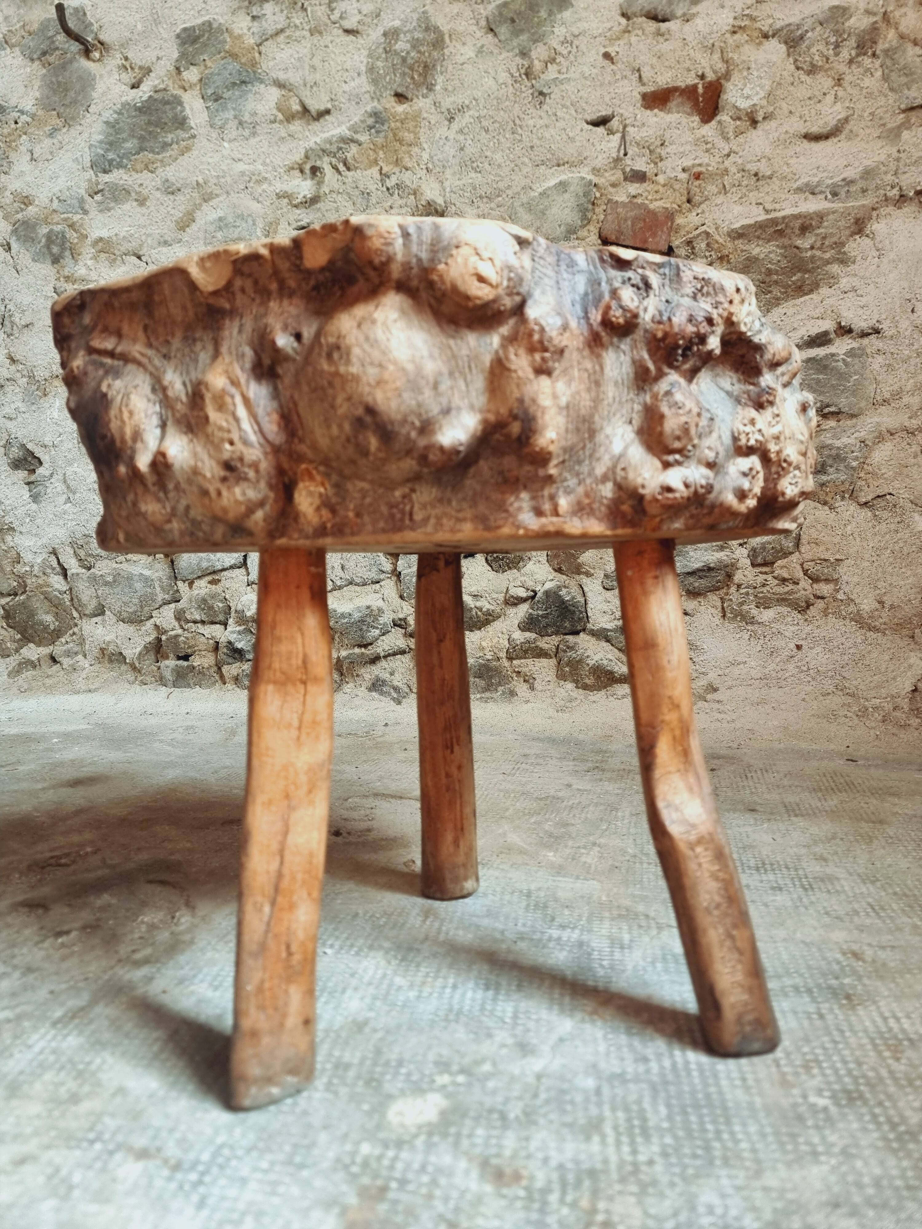 Brutalist stool in solid cherry wood – France circa 1900