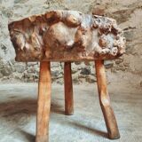 Brutalist stool in solid cherry wood – France circa 1900