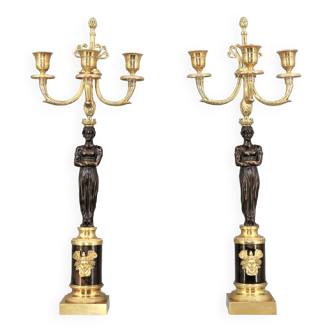Paire de chandeliers en bronze doré et patiné à trois bougies Napoleon III