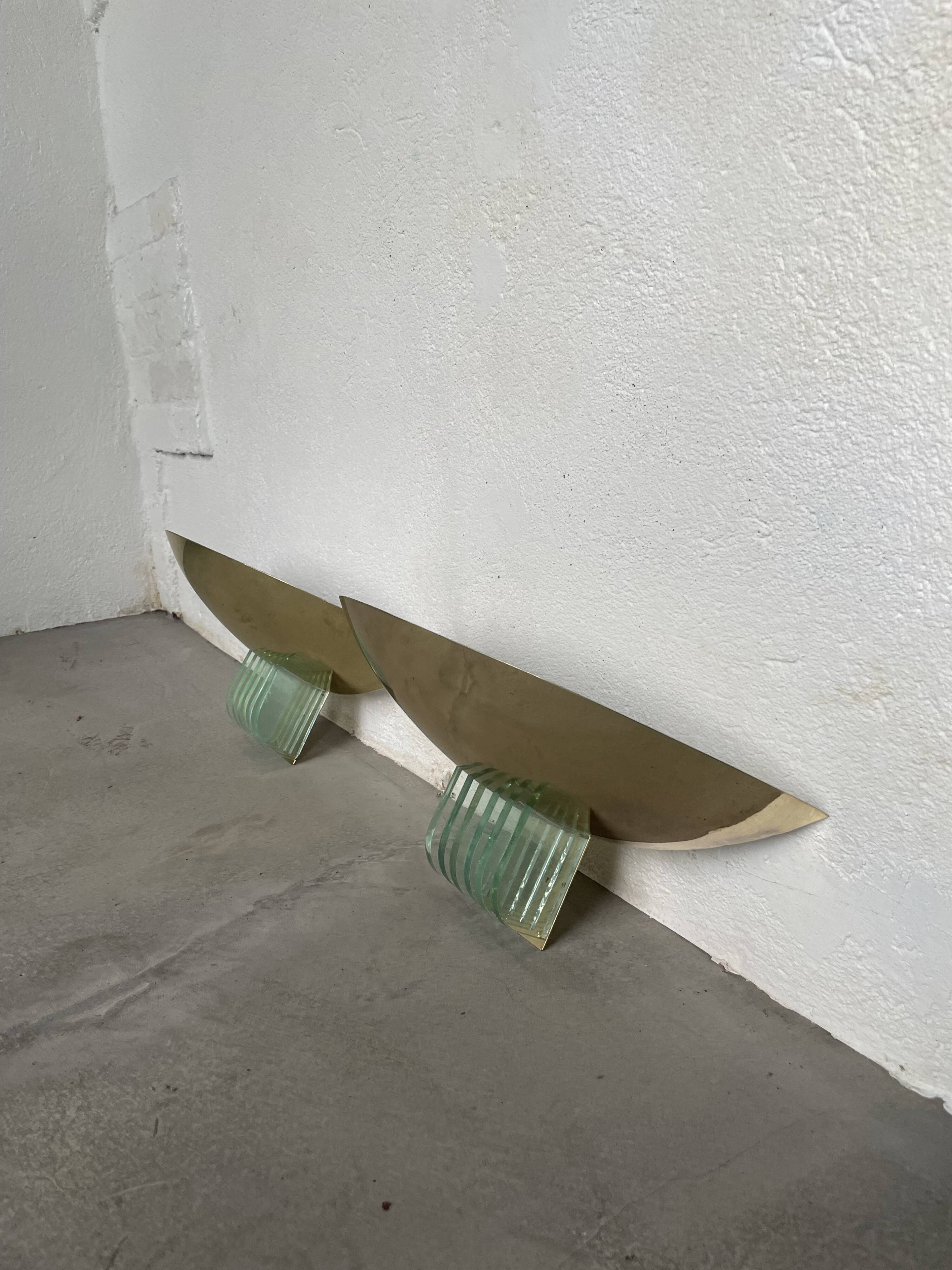 Pair of brass and art deco glass wall lights SCE