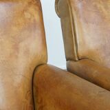 Set of 2 Large Vintage Sheepskin Leather Armchairs