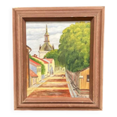 Huile sur panneau d'origine suédoise – "Rue avec clocher" par Kerstin Grufman – 1945 – vintage et encadrée – 77 × 58 cm (30,3 po × 22,8 po)