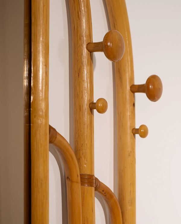 Miroir en rotin Malacca et porte-manteau, années 1960