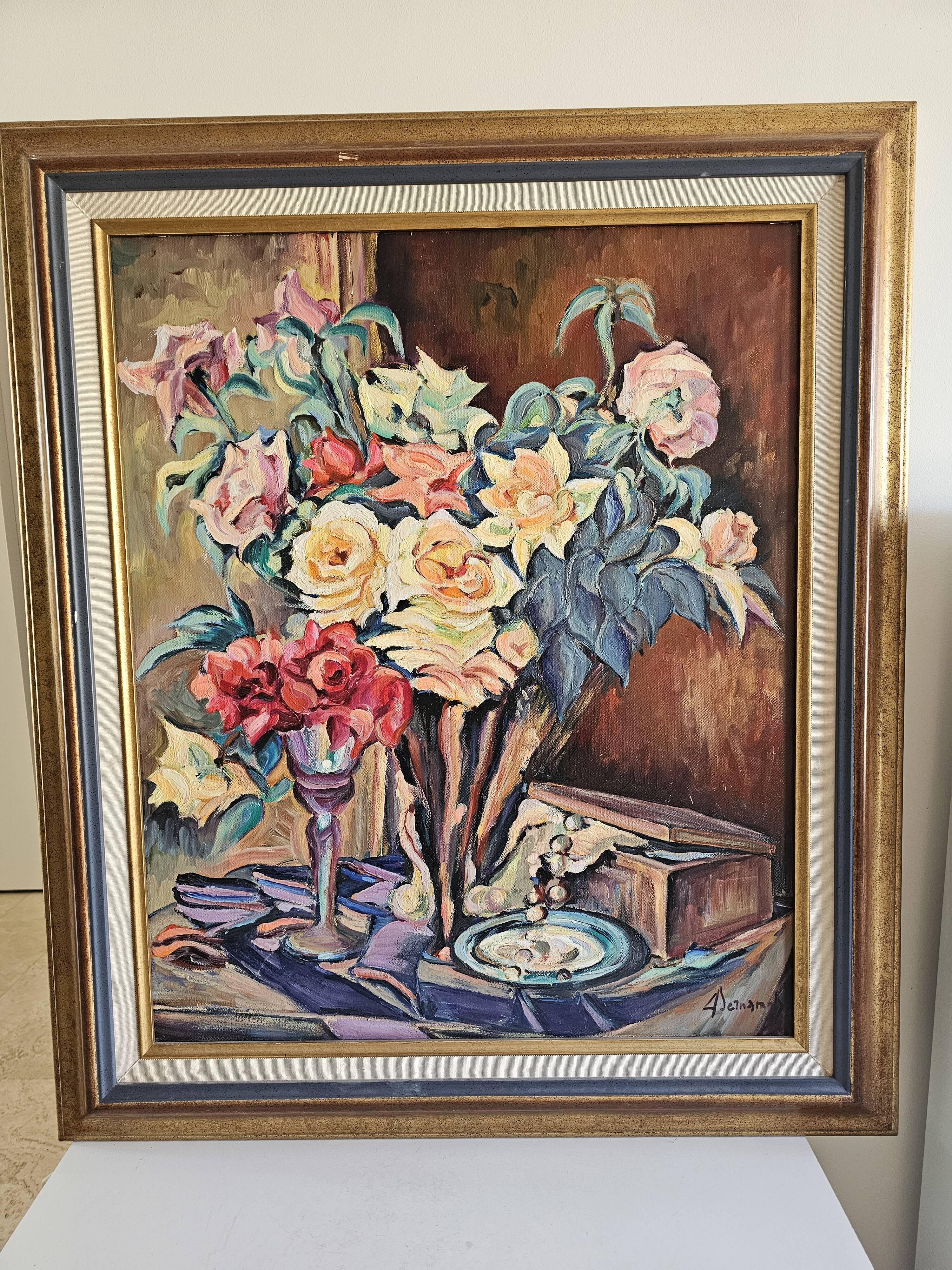 Oil on Canvas Still Life Flower Bouquet Signed Bernamonti