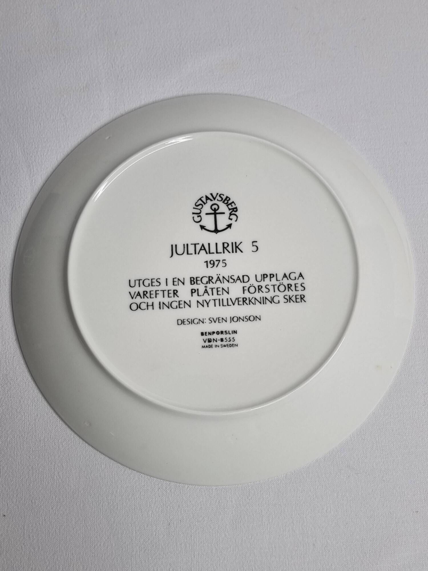Gustavsberg decorative plate "jultallrik 5" 1975, design by sven jonson, limited edition, diameter
