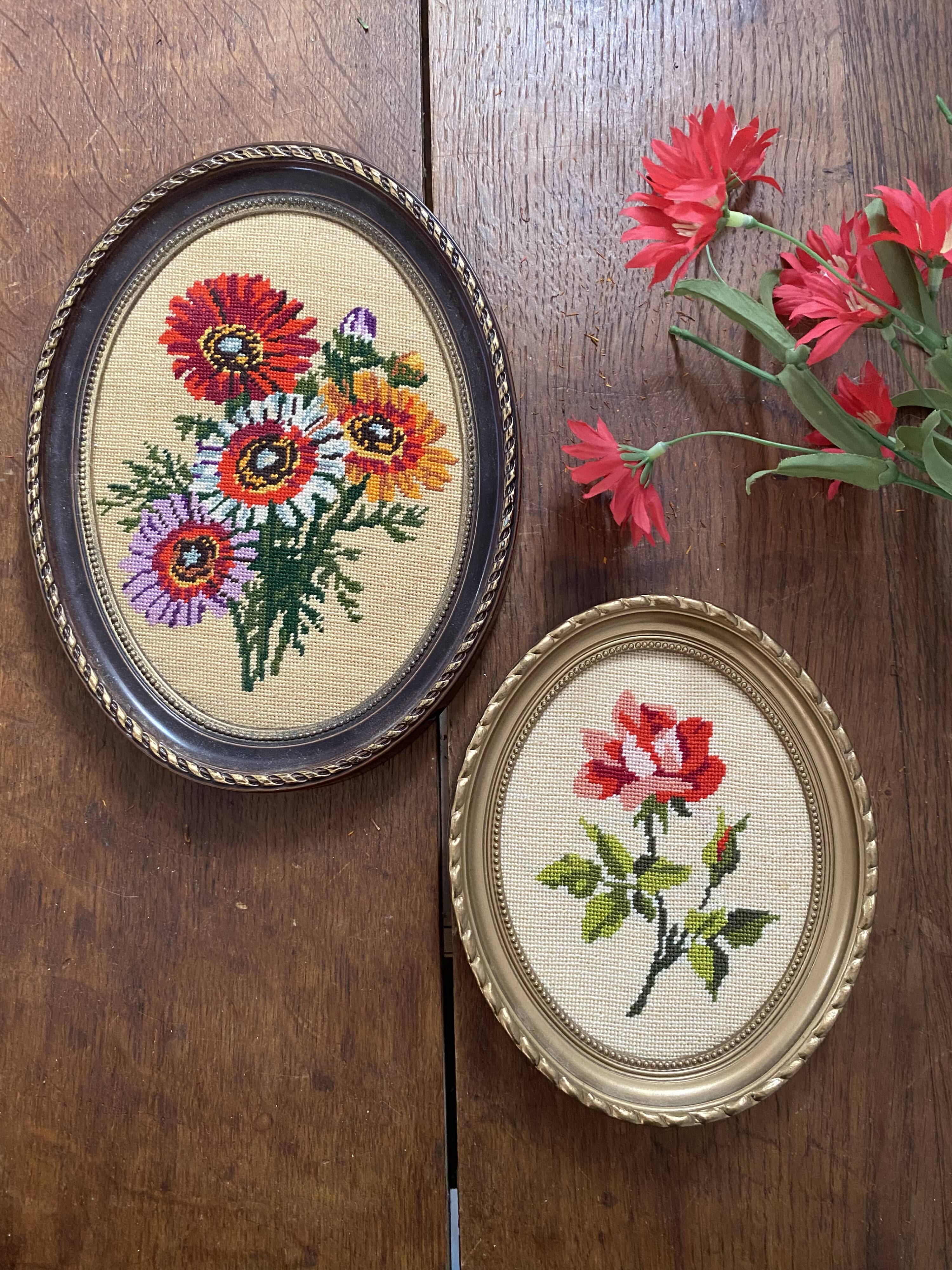 2 oval frames vintage floral embroidery