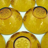 8 amber yellow glass bowls - embossed flower patterns - Daisy Vereco France - vintage 70s