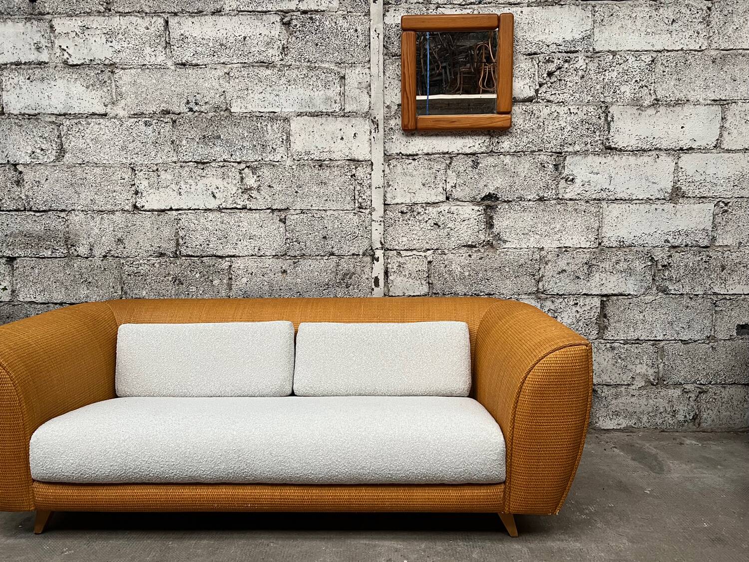 Vintage rattan sofa design 1970 ecru French terry fabric