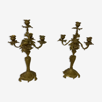Paire de chandeliers en bronze à 5 feux style Louis XV rocaille baroque