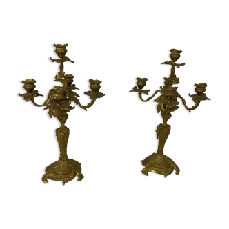 Pair of bronze chandeliers with 5 fires Louis XV baroque rocaille style