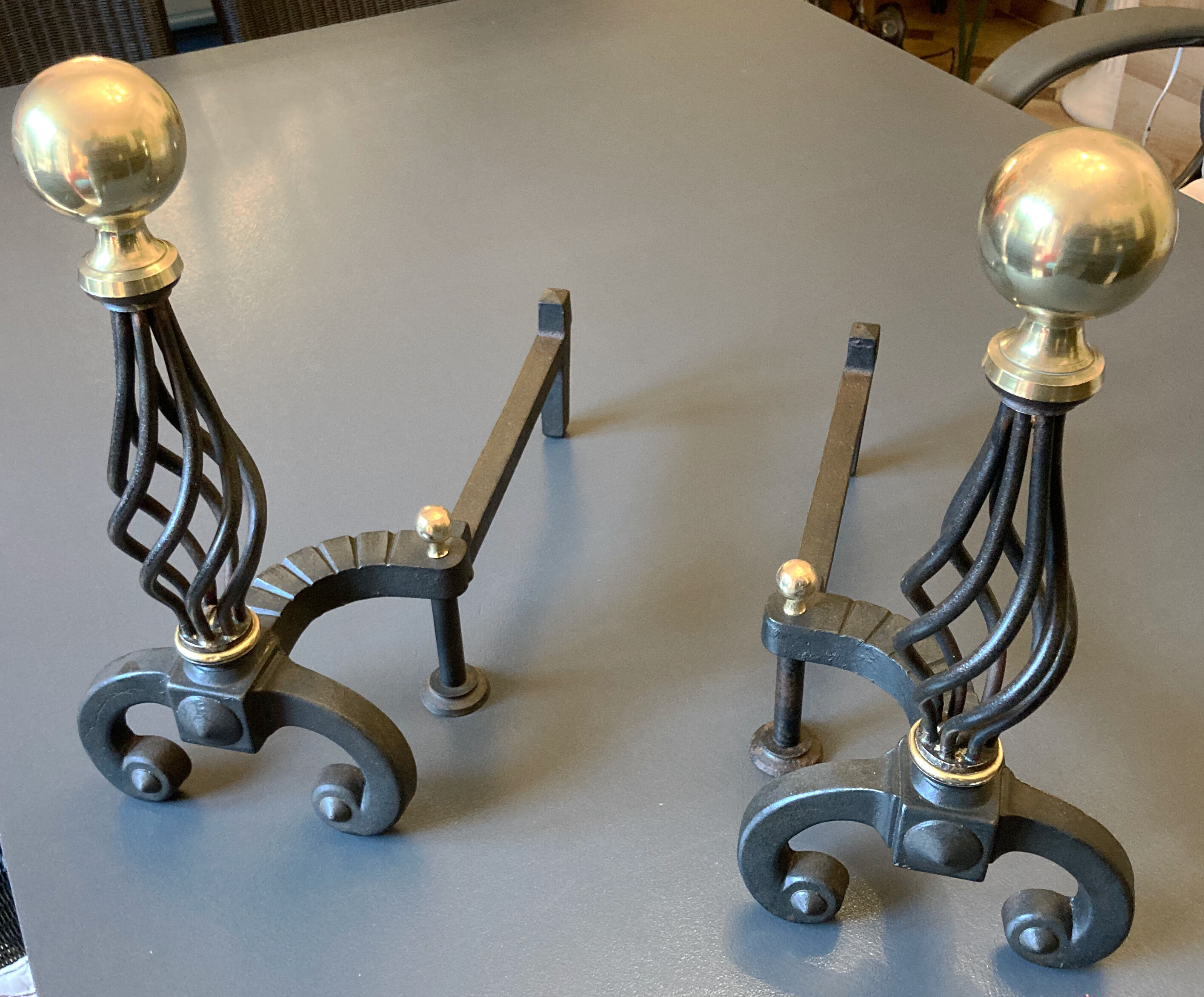 Chenets modernist bronze and cast iron