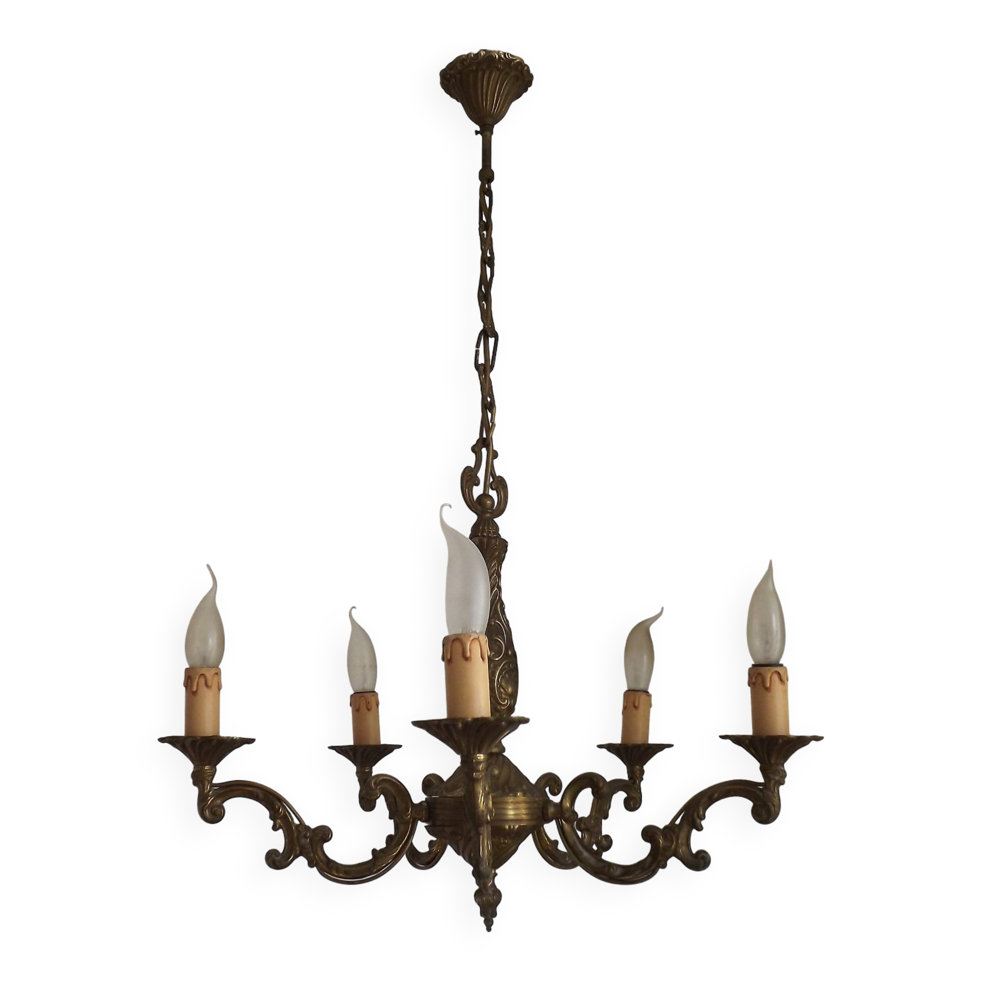 French Vintage Art Nouveau Bronze 5 Light Traditional Style Chandelier 5483