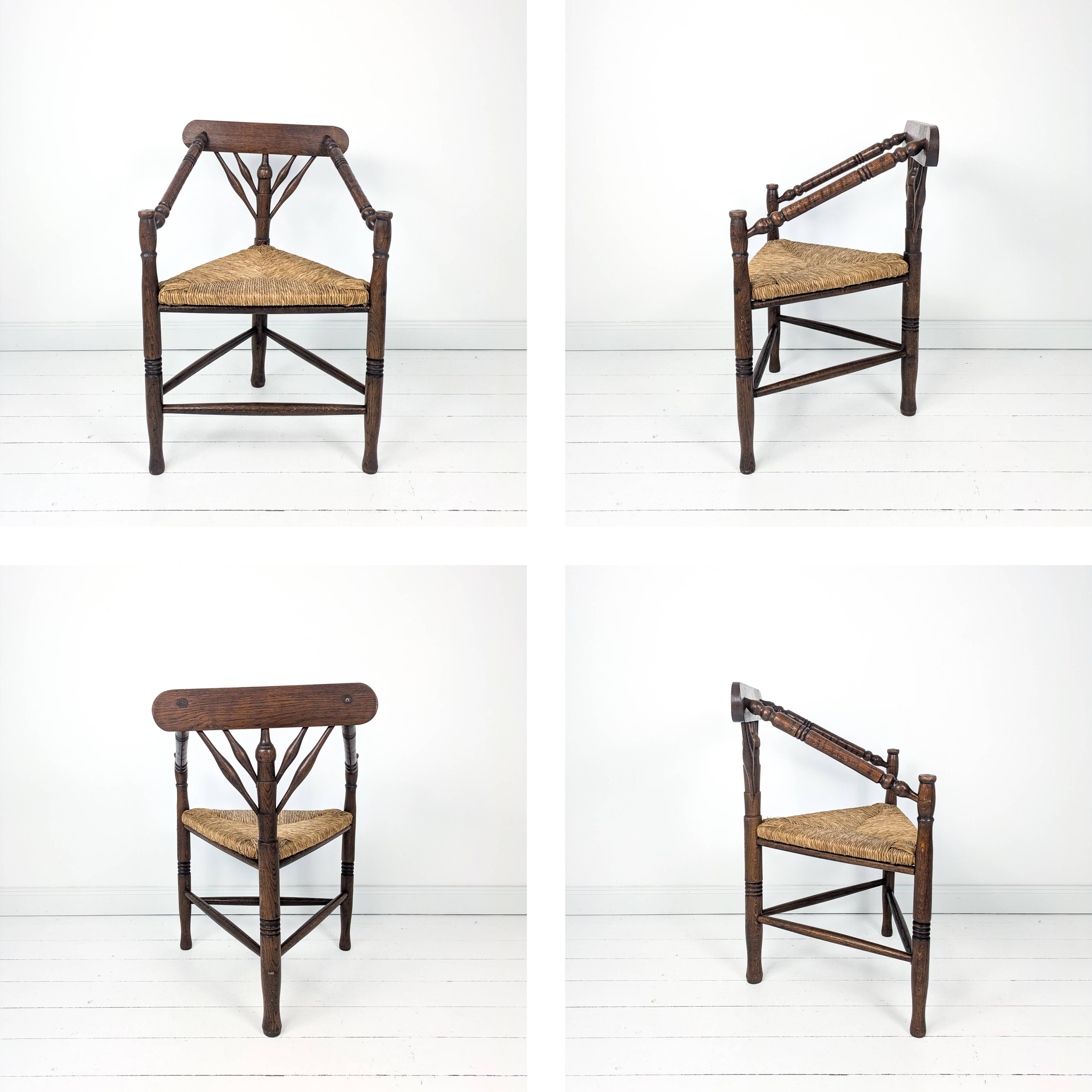 Chaise d’angle vintage antique à trois pieds en bois massif avec assise en