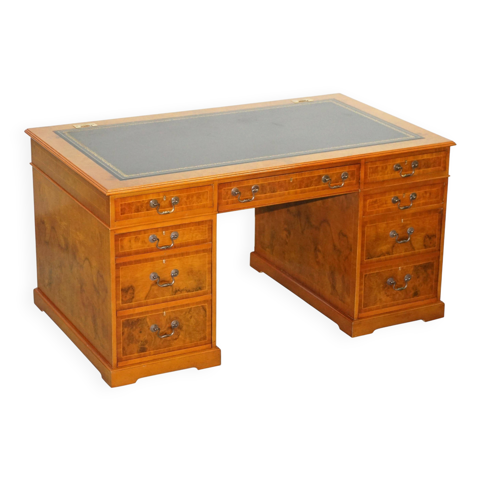 Partner desk in burr walnut designed to conceal computer equipment.