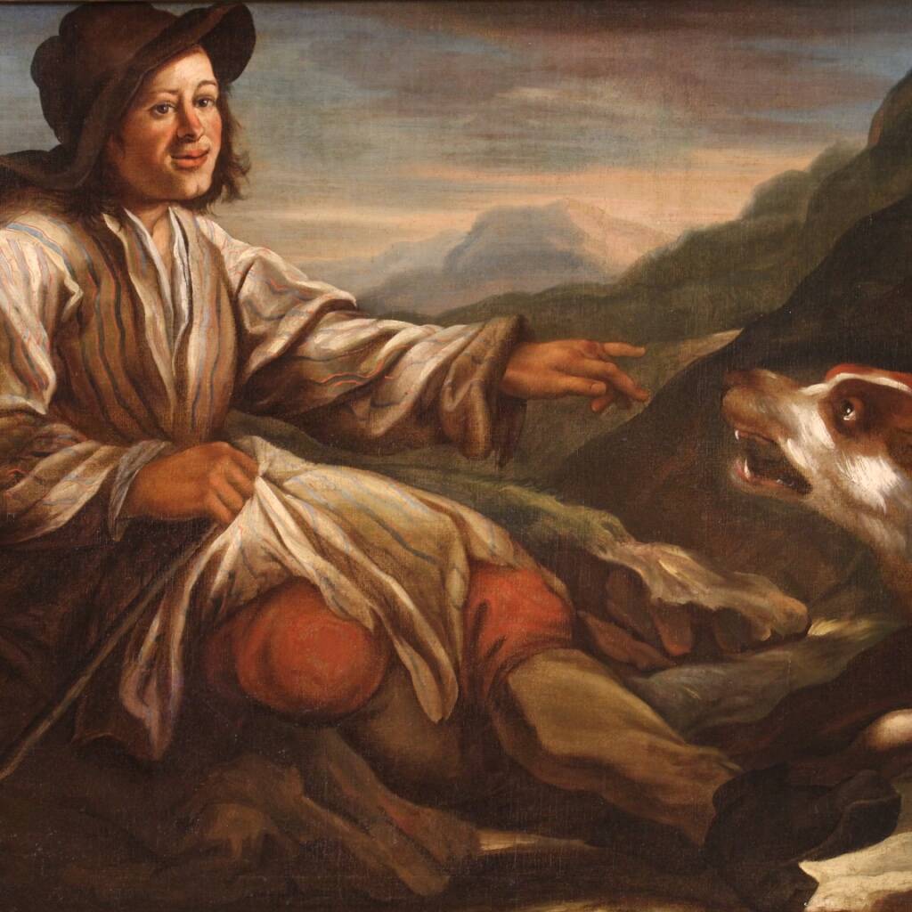 Peinture lombarde du XVIIe siècle, le berger avec ses chiens