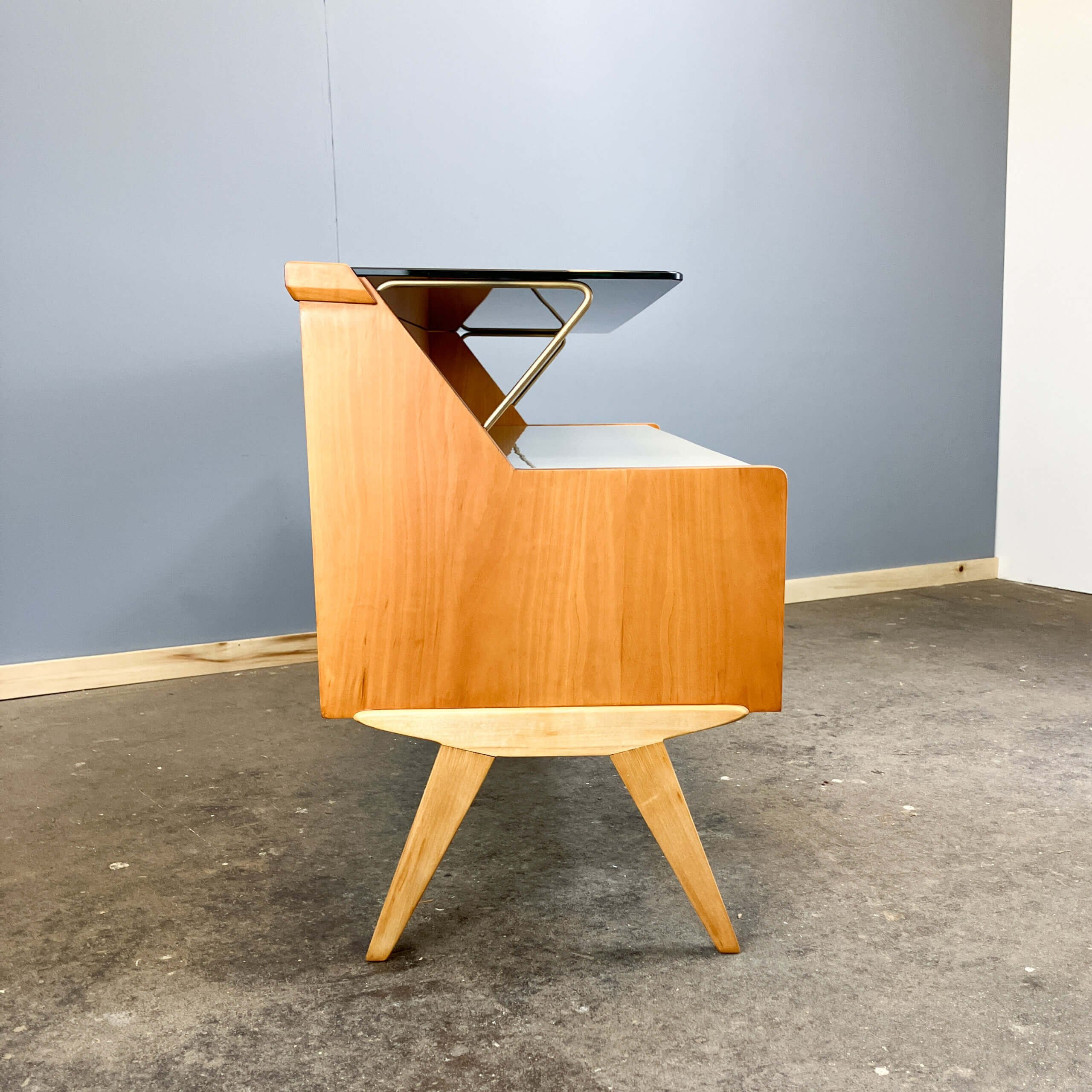 Small chest of drawers by WK Möbel with black and white glass top, pear wood, 1950s