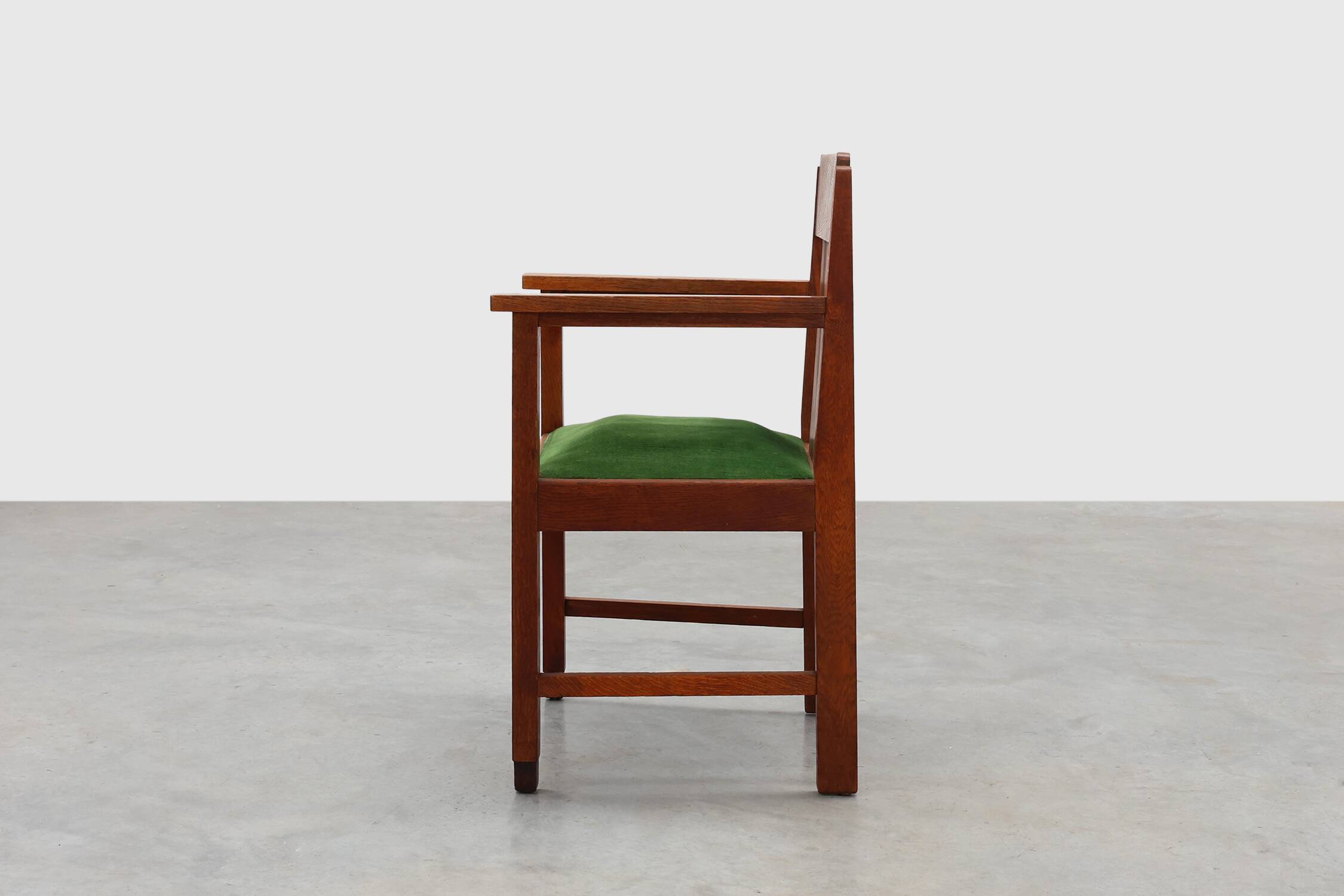 Amsterdamse school oak and velvet side chair, The Netherlands 1920s