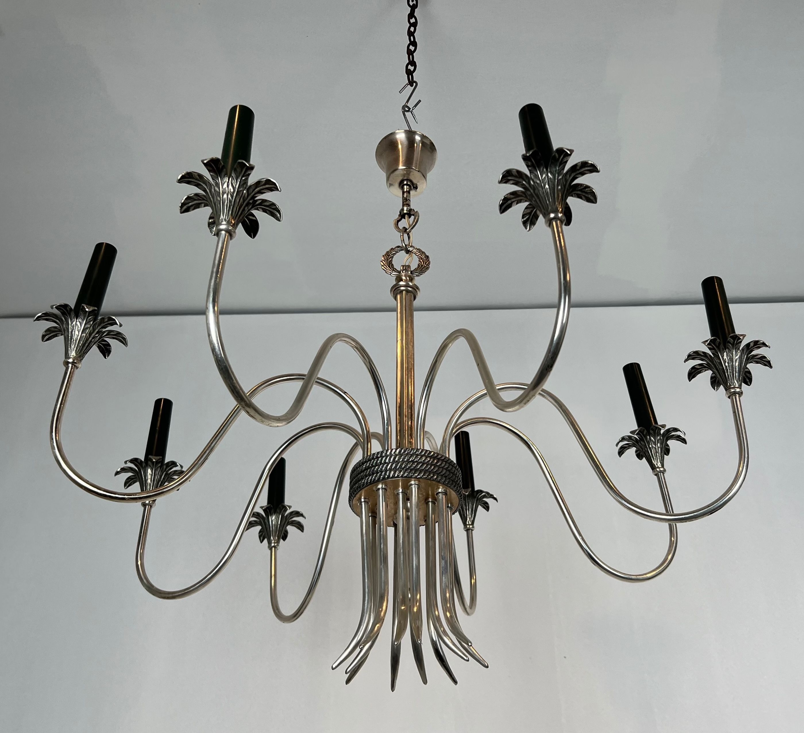 Neoclassical style chandelier in silver-plated metal by the house of Charles.