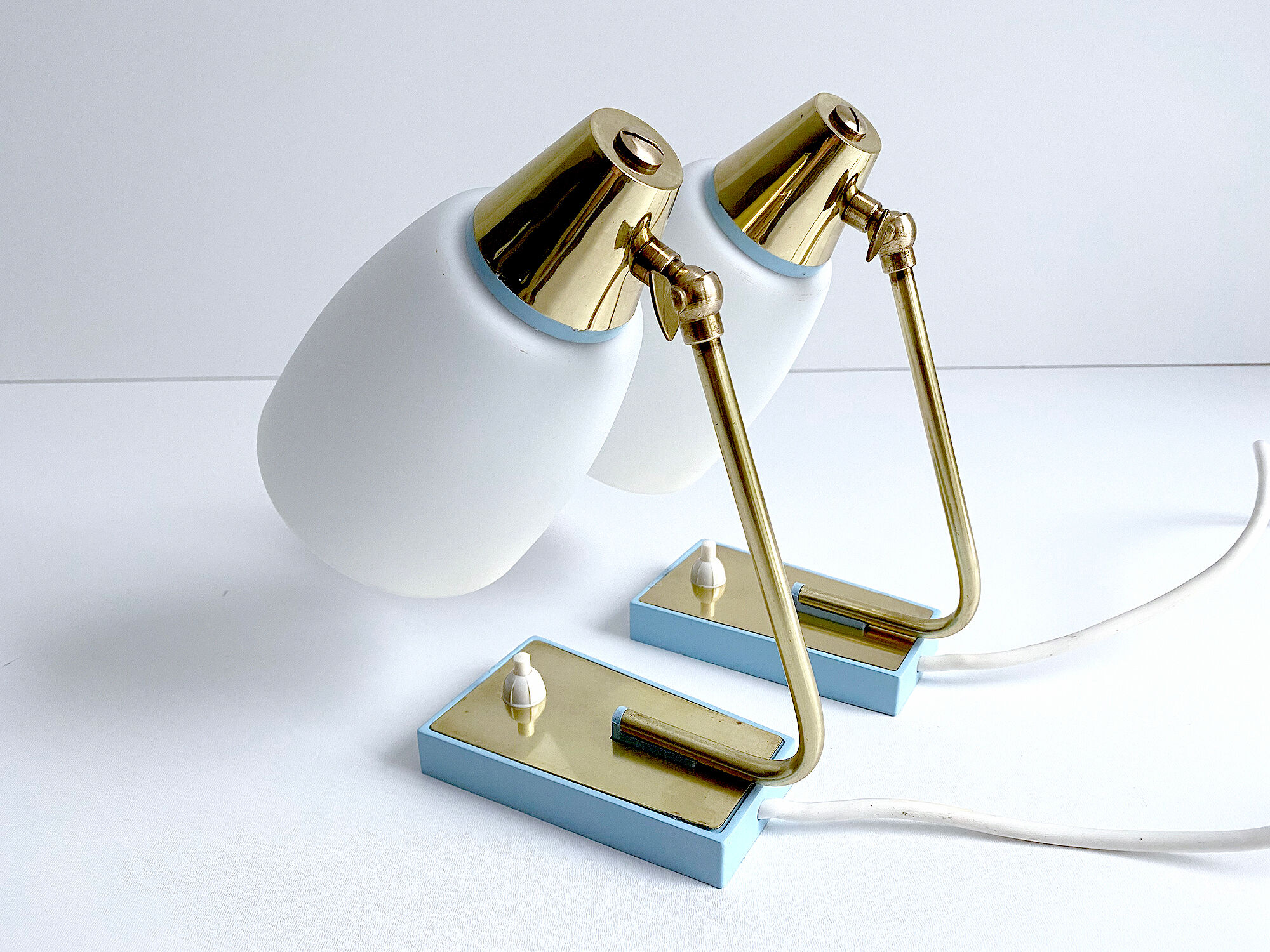 Pair of vintage table or bedside lamps, brass and glass, 50s 60s