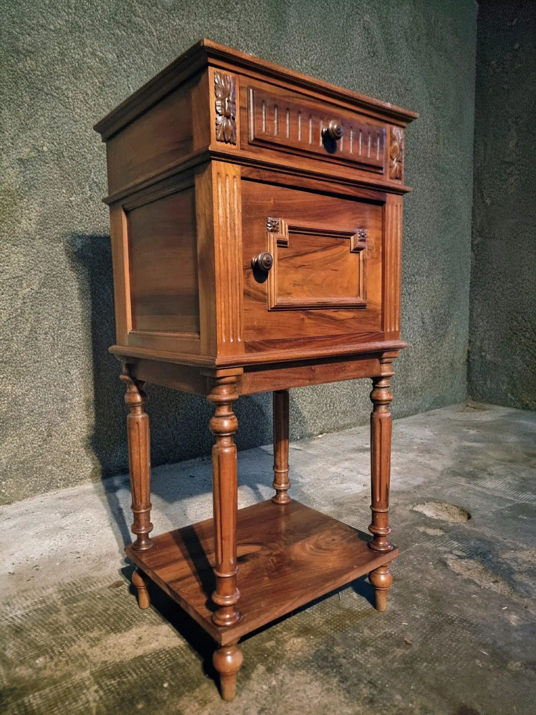 Antique French bedside table with a marble top.
