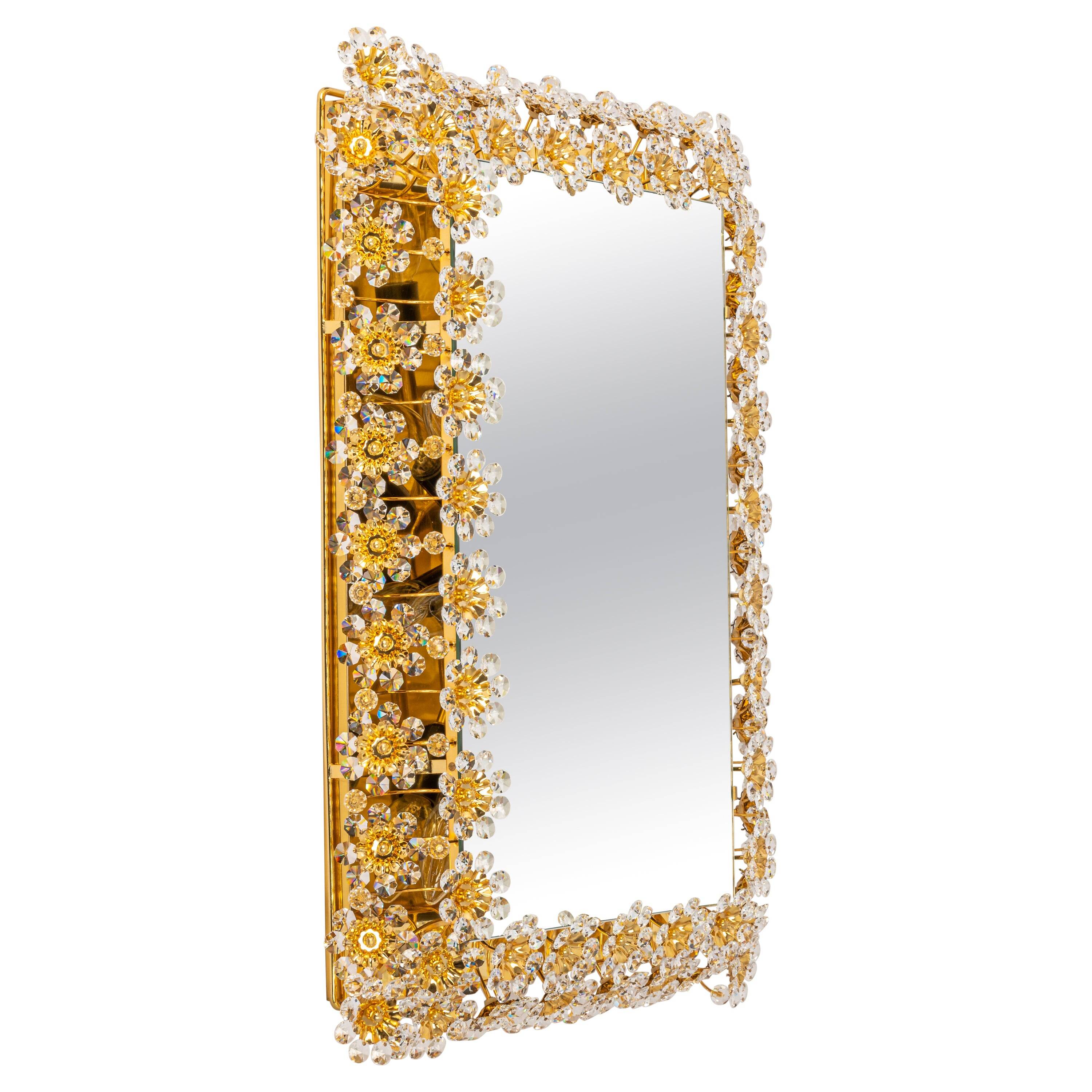 Spectacular backlit mirror in gilded brass and crystal glass by Palwa, Germany.