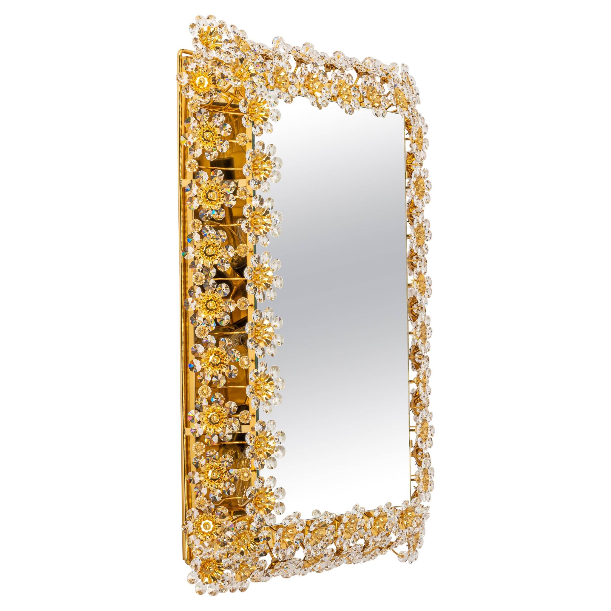Spectacular backlit mirror in gilded brass and crystal glass by Palwa, Germany.