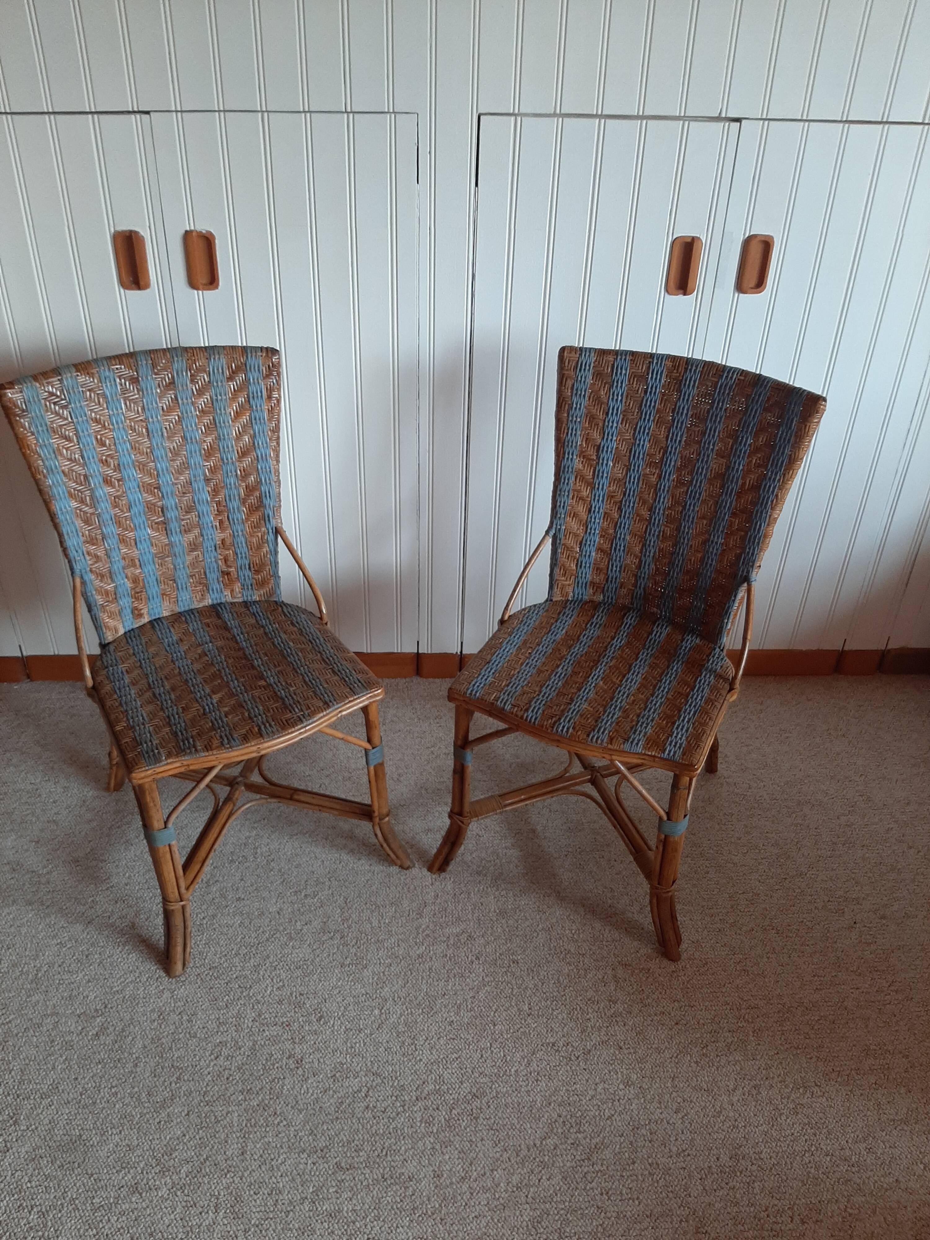 Vintage set of 2 garden woven rattan chairs - sky blue nets - 40