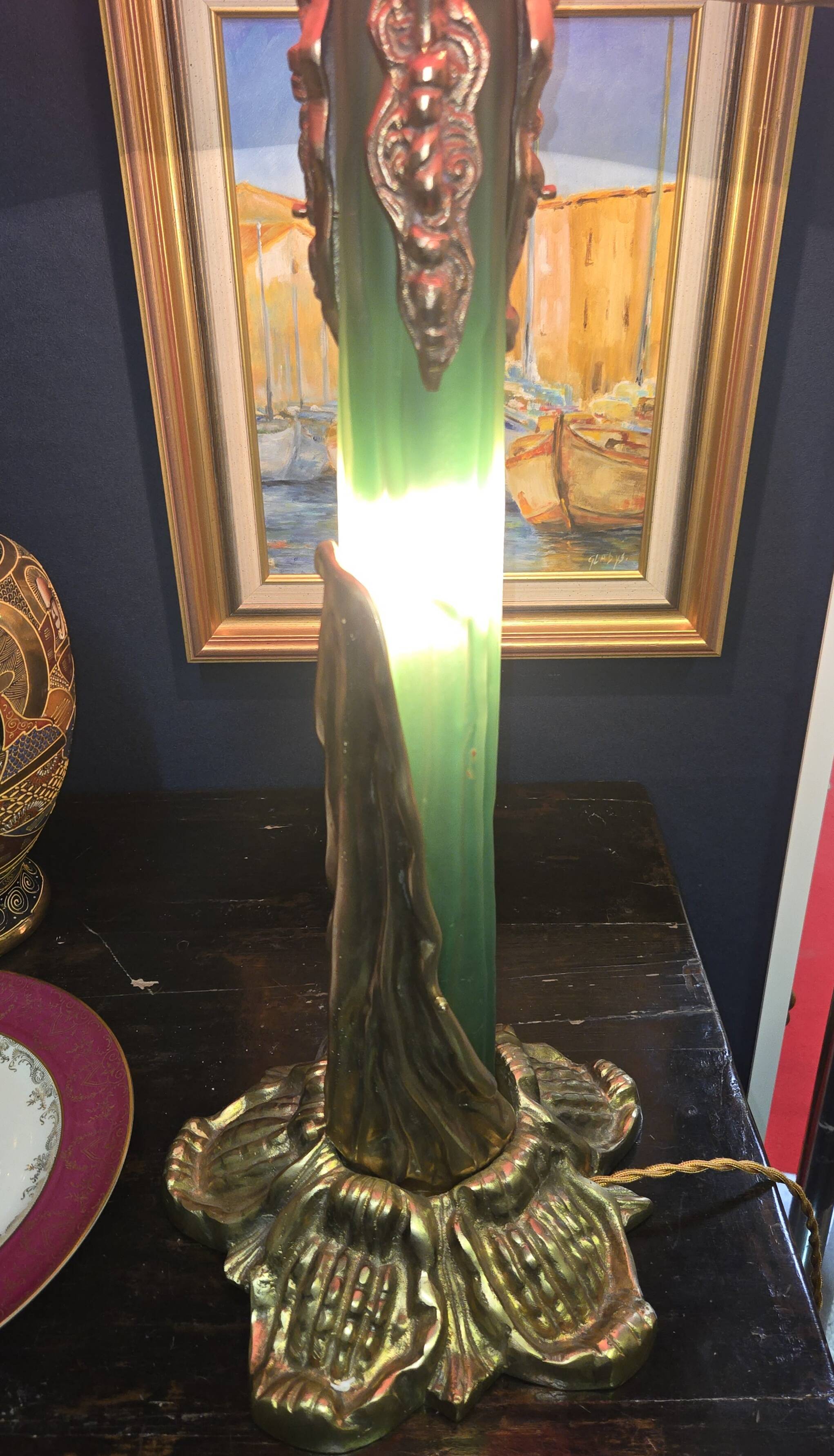 Grande lampe style Art Nouveau – pied en bronze et verre, abat-jour dégagé