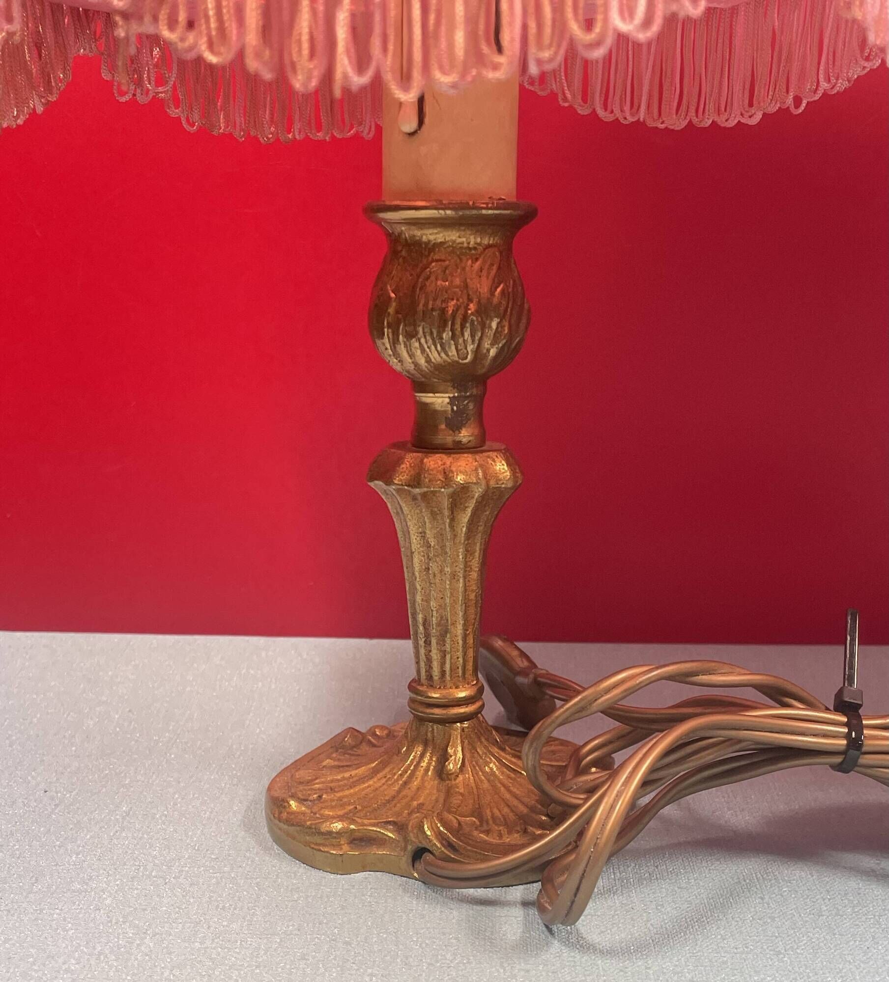 Pair of brass foot lamps, haloed but acceptable lampshades H 33 cm