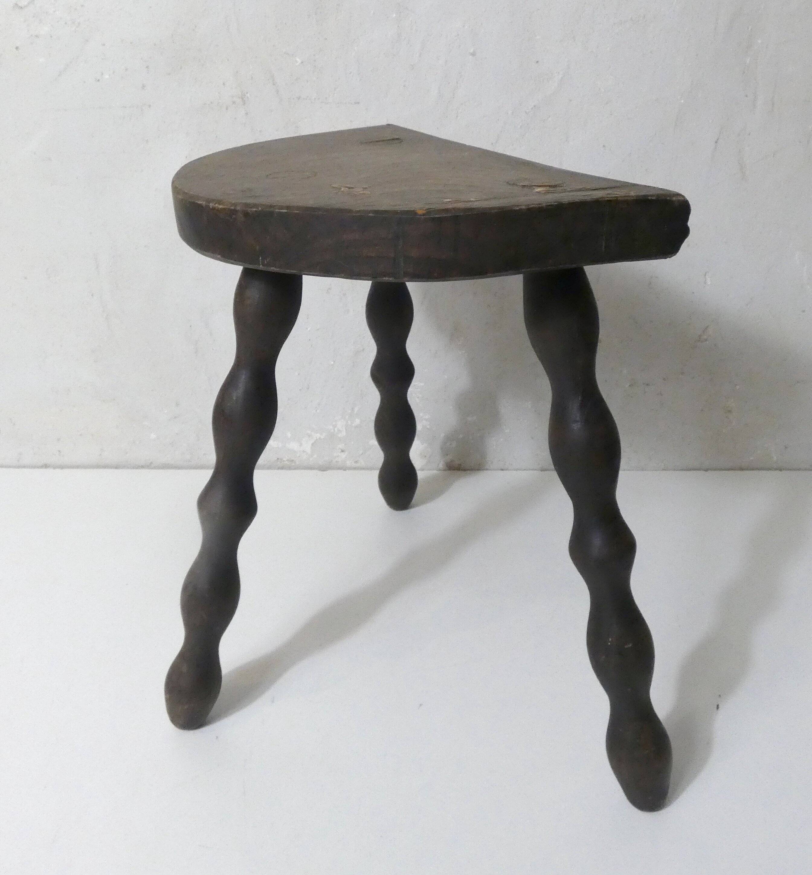 vintage half-moon solid wood turned beaded tripod stool