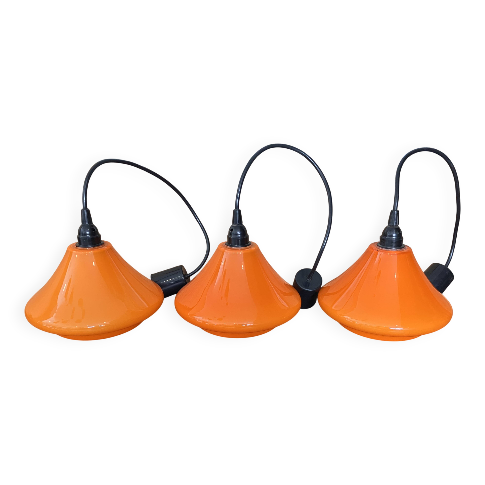 Set of three orange opaline suspensions from the 1970s Space Age.