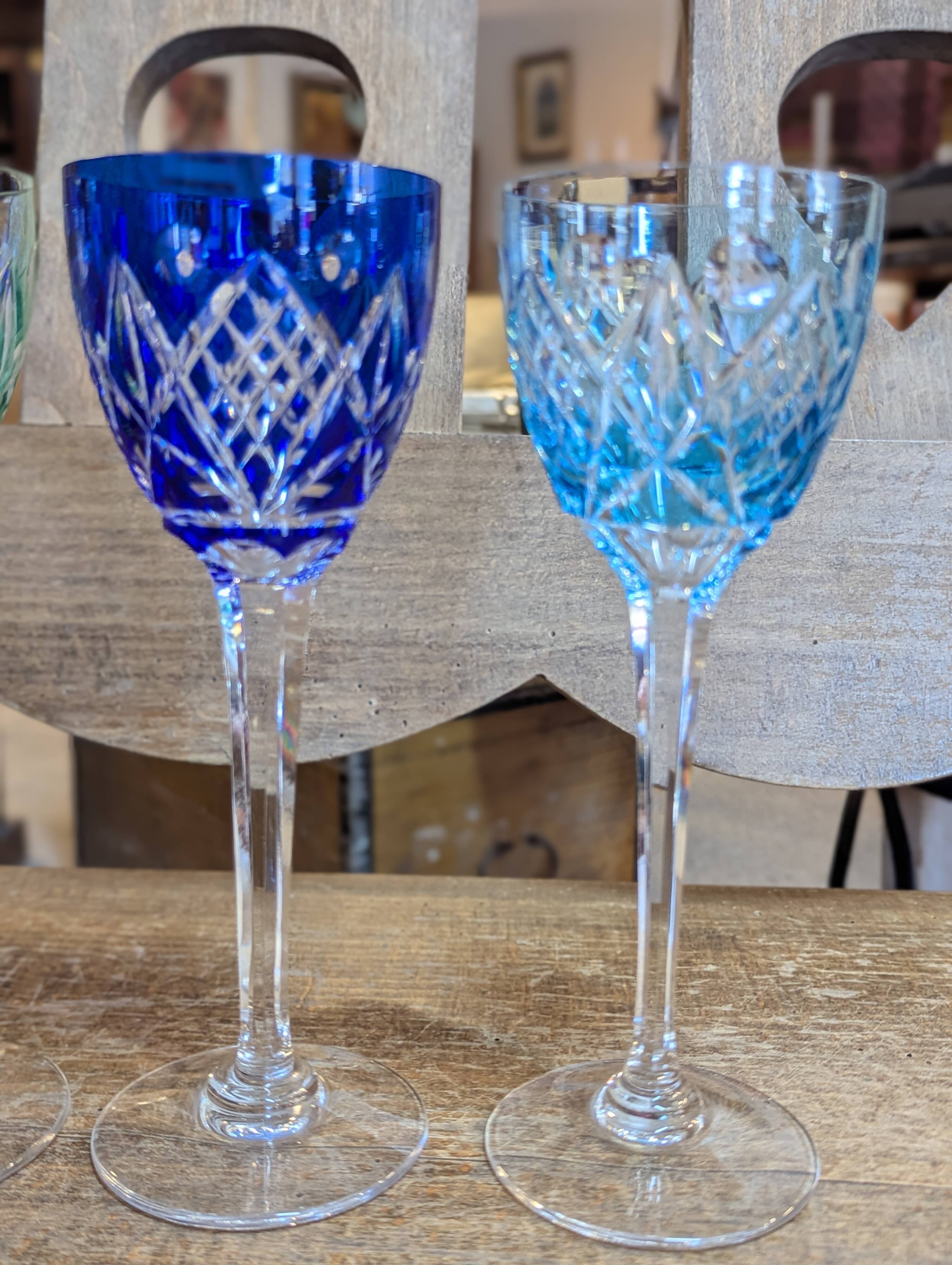 4 colored Lorraine crystal wine glasses