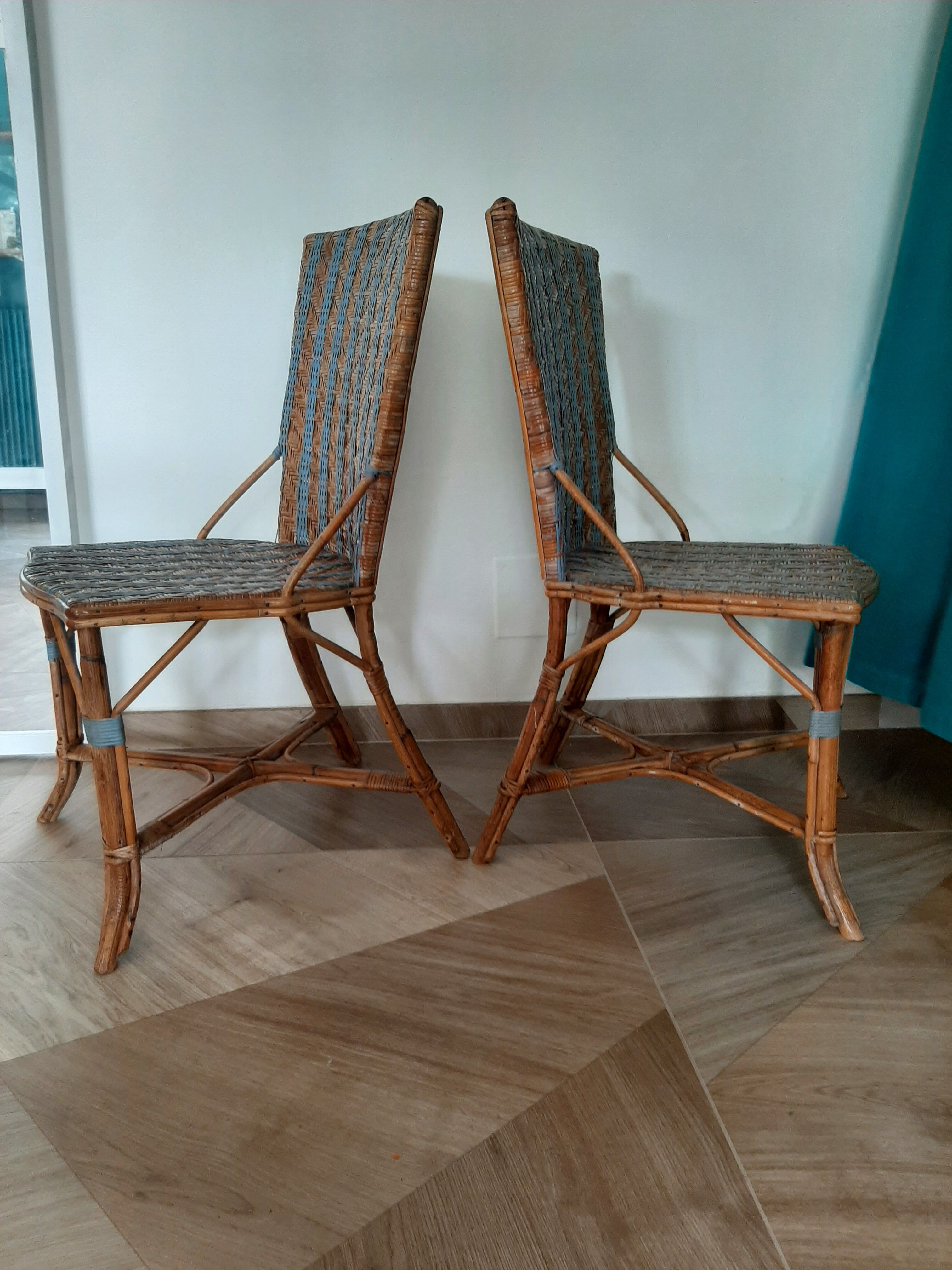 2 woven rattan garden chairs – sky blue net patterns – 1940s