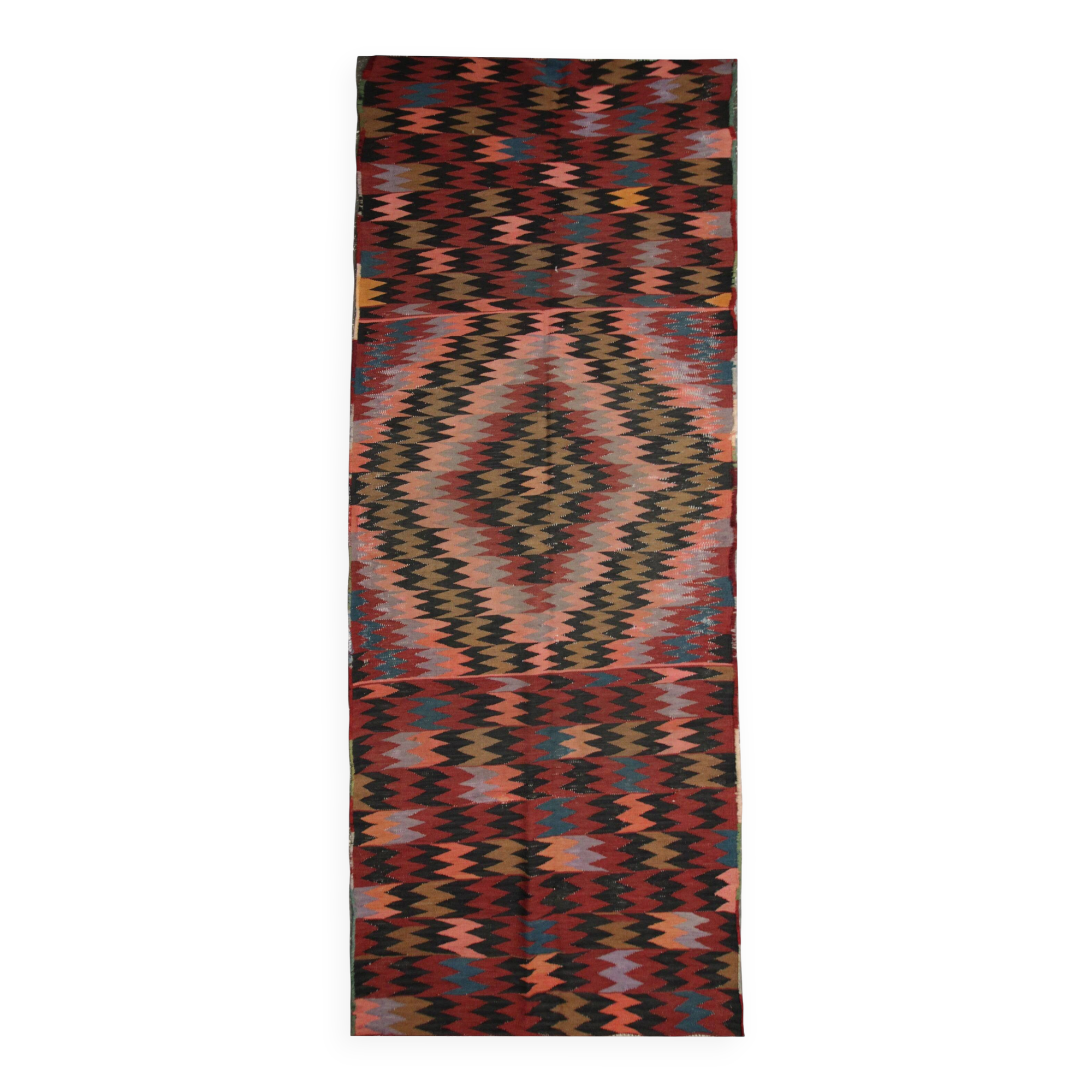 Zig-Zag Kilim Runner Rug, Vintage 1980s Wool Tribal Carpet 298 x 99 cm