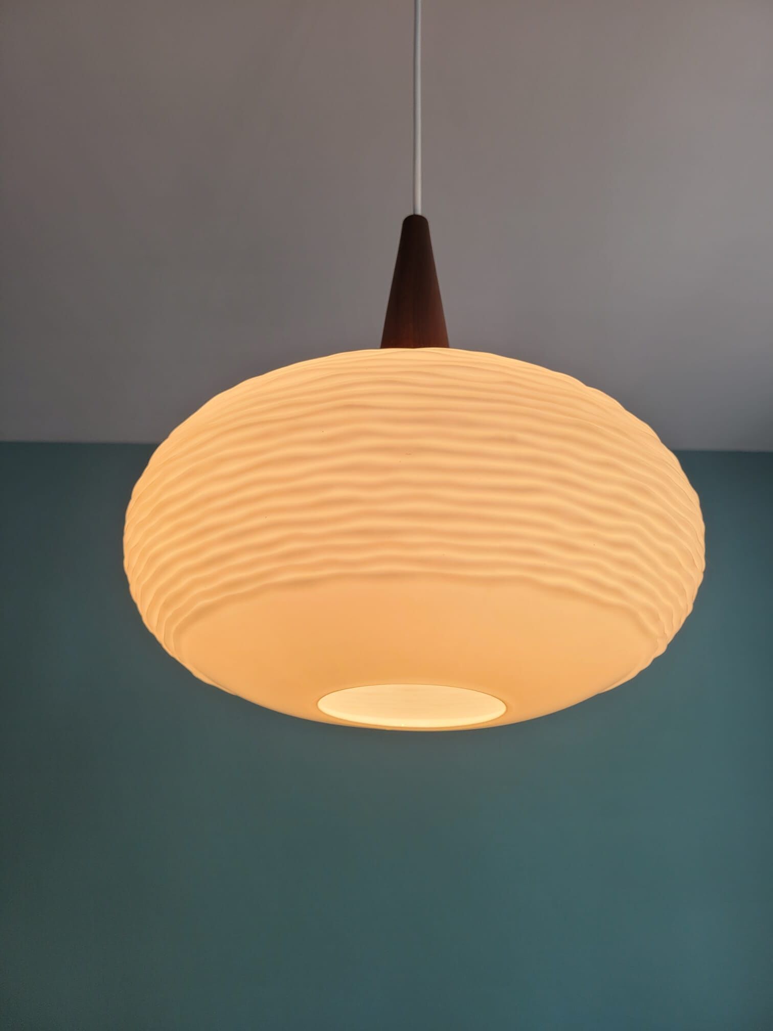 Scandinavian suspension in opaline and teak, 60s
