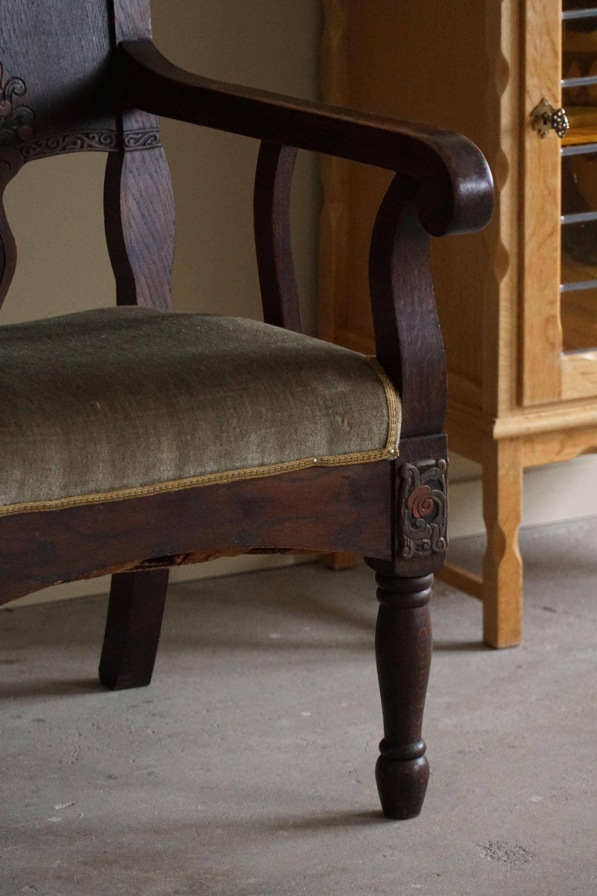 Hand-carved oak and velvet armchair, Danish furniture maker, Art Nouveau, 1939