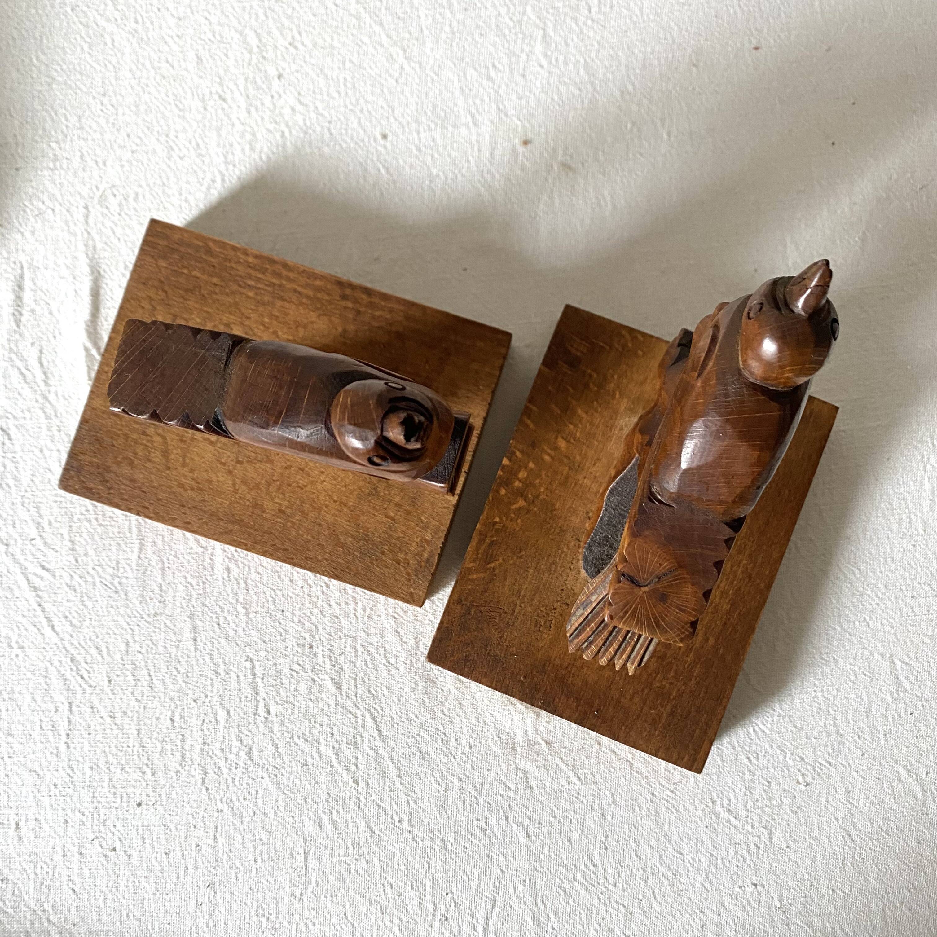 Pair of art deco wooden bookends birds