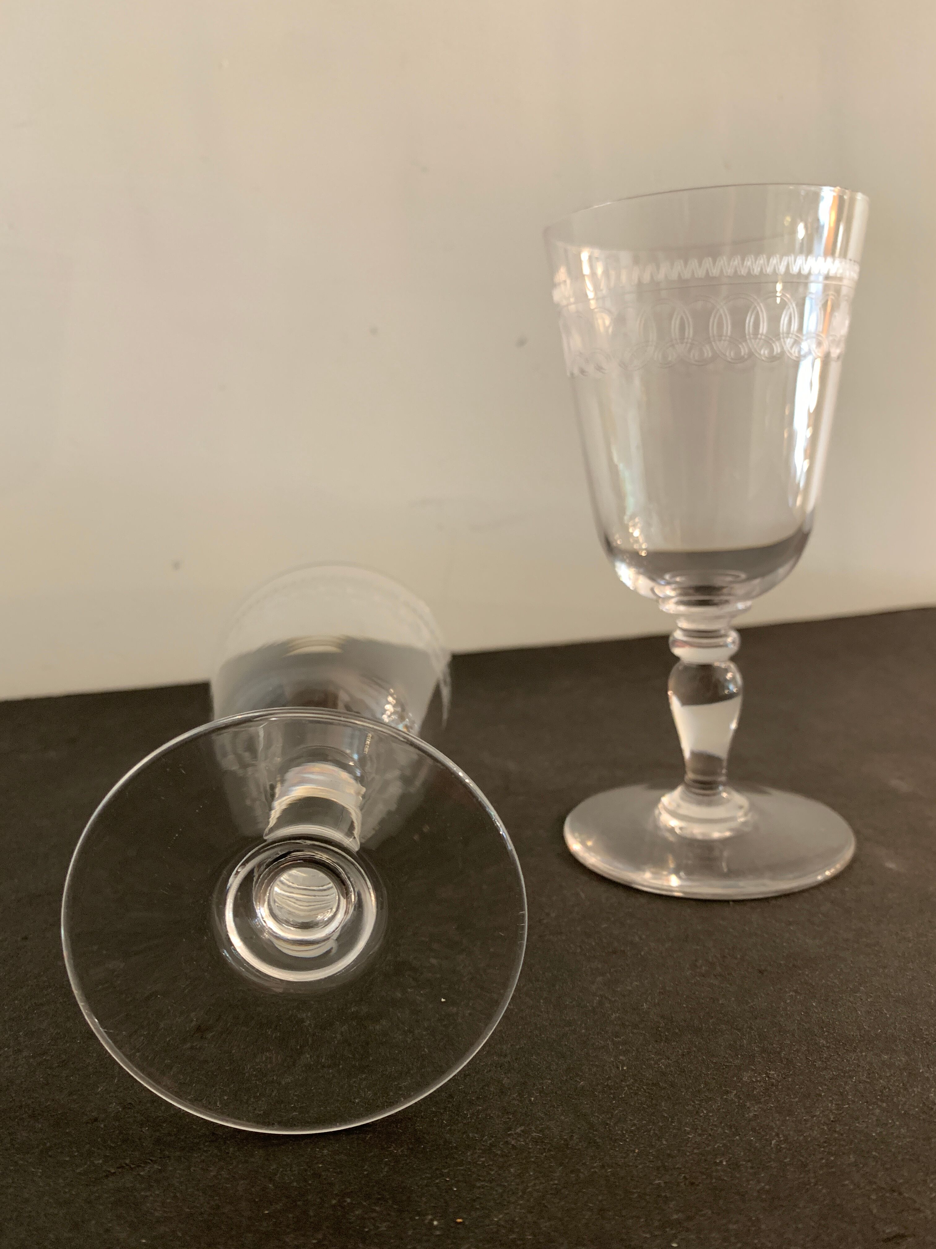 6 antique engraved crystal wine glasses