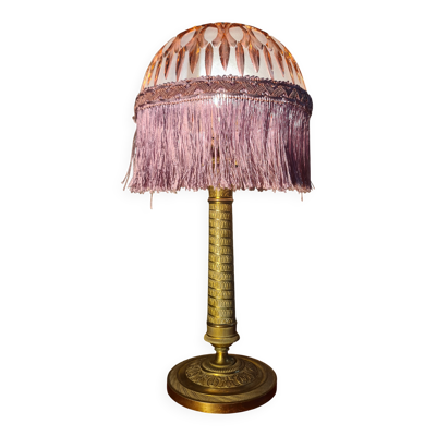 lampe laiton colonne laiton travaillé1880 avec dome verre taillé 45x22 supe
