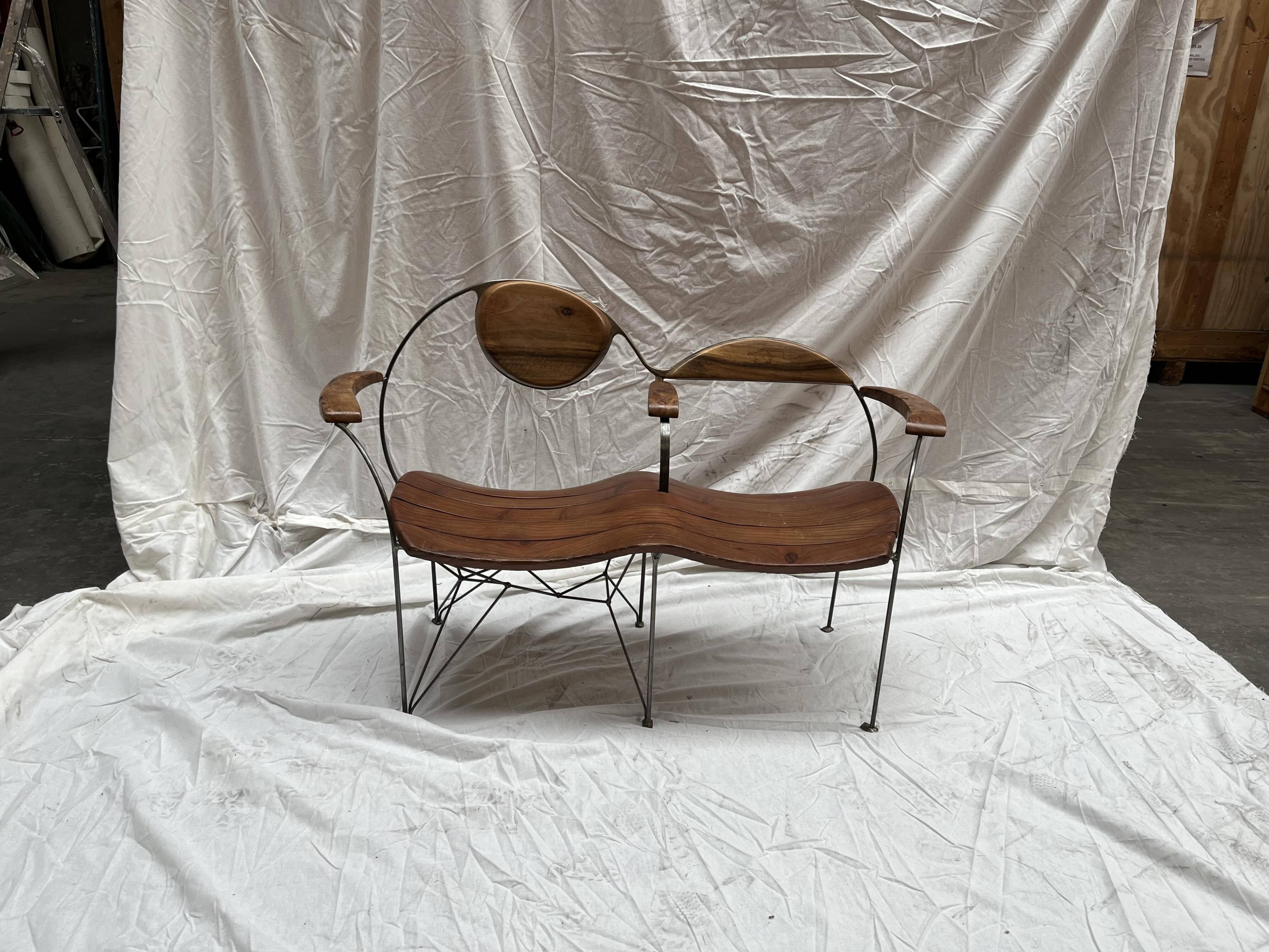 Contemporary double bench in wood and metal by Francis Veillerot (2004)