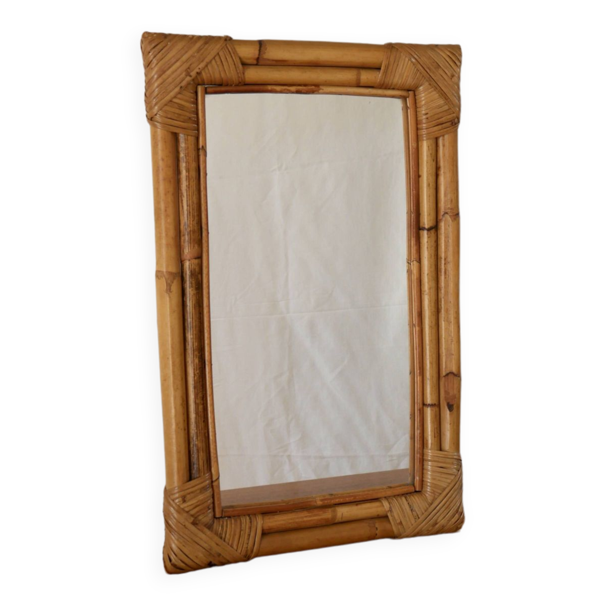 Miroir en rotin et bambou rectangulaire années 60-70