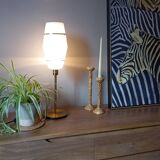 Mid-century gold metal table lamp with white striped shade