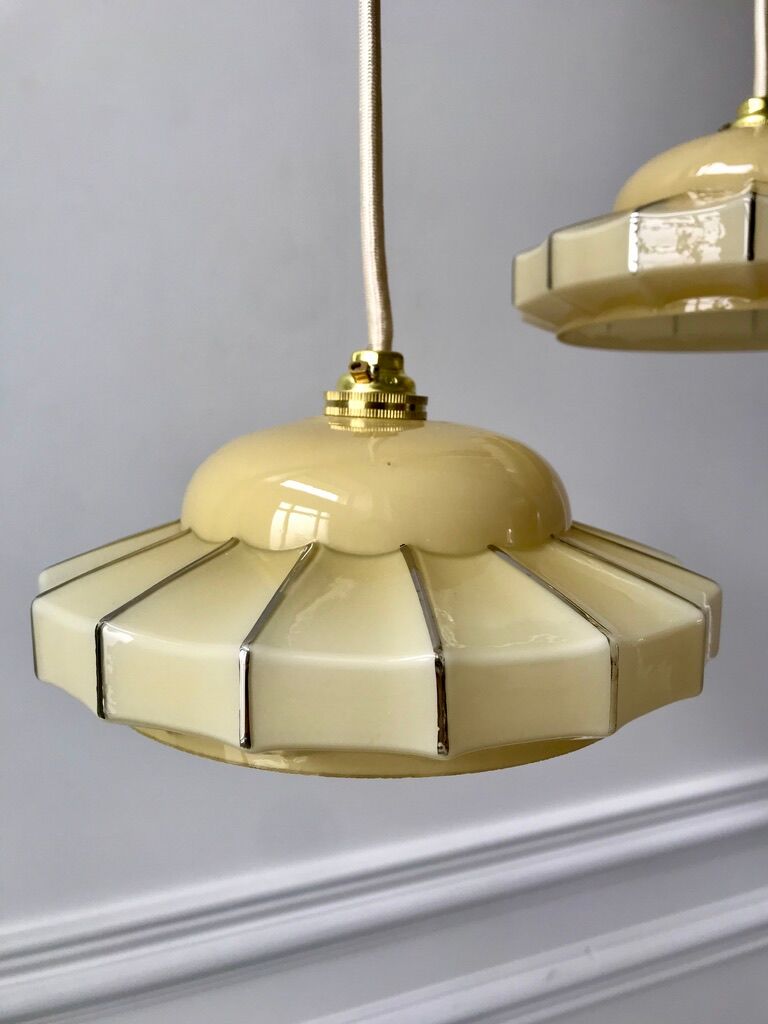 Pair of suspensions in opaline glass cream and silver border art deco 30s